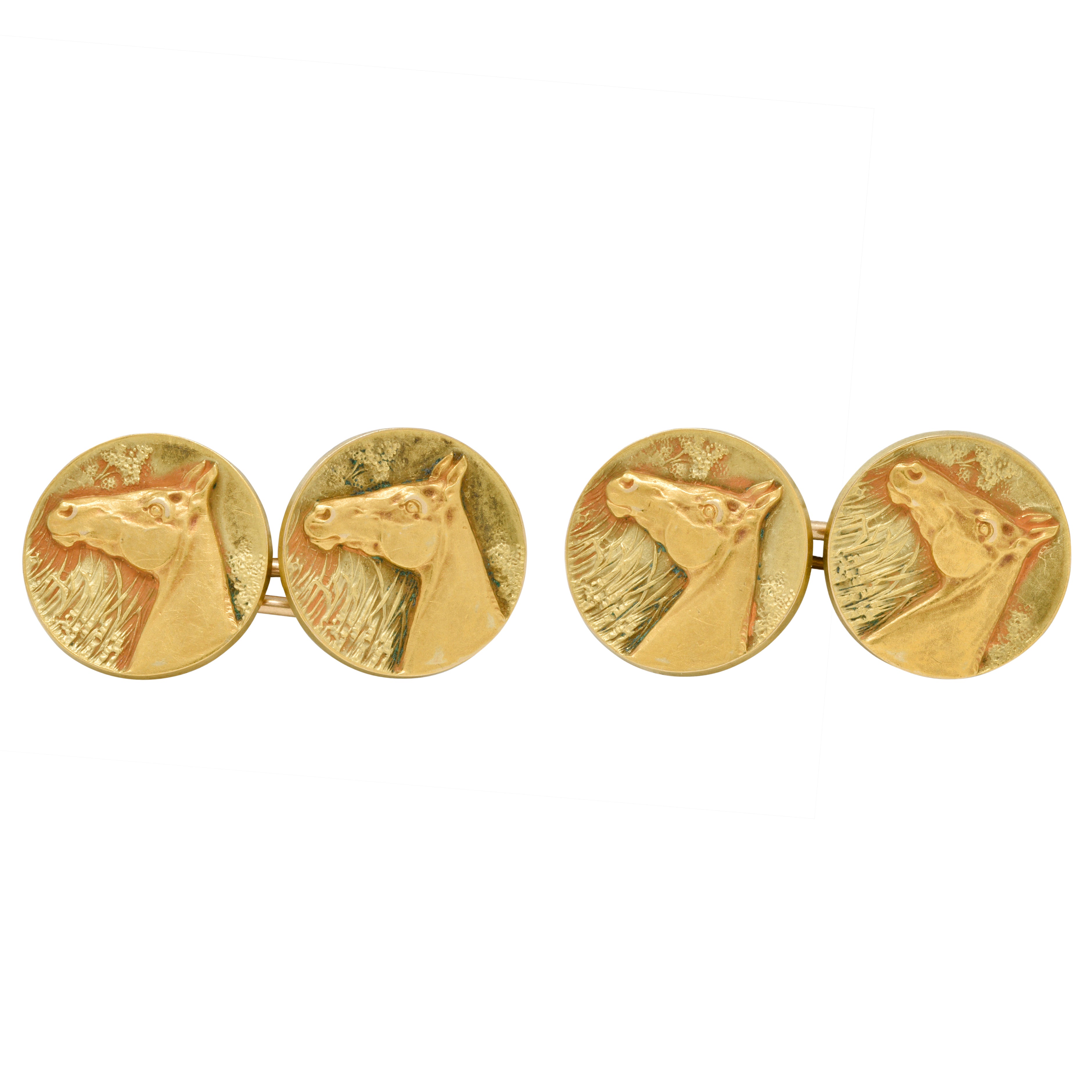 Edwardian 1908 14 Karat Two-Tone Gold Horse Antique Cufflinks