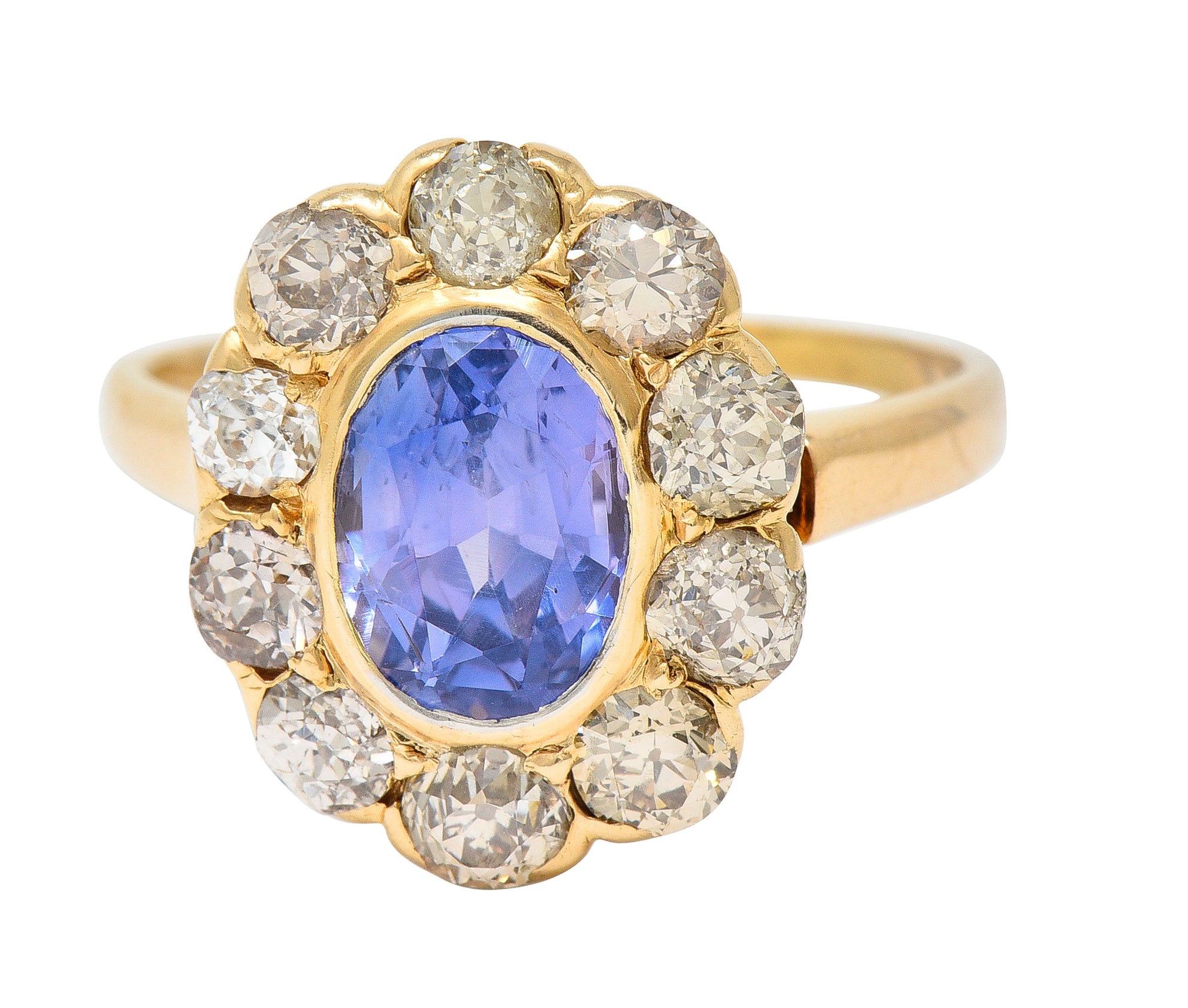 Victorian 3.18 CTW No Heat Ceylon Sapphire Diamond 14 Karat Yellow Gold Cluster Ring GIA Wilson's Estate Jewelry