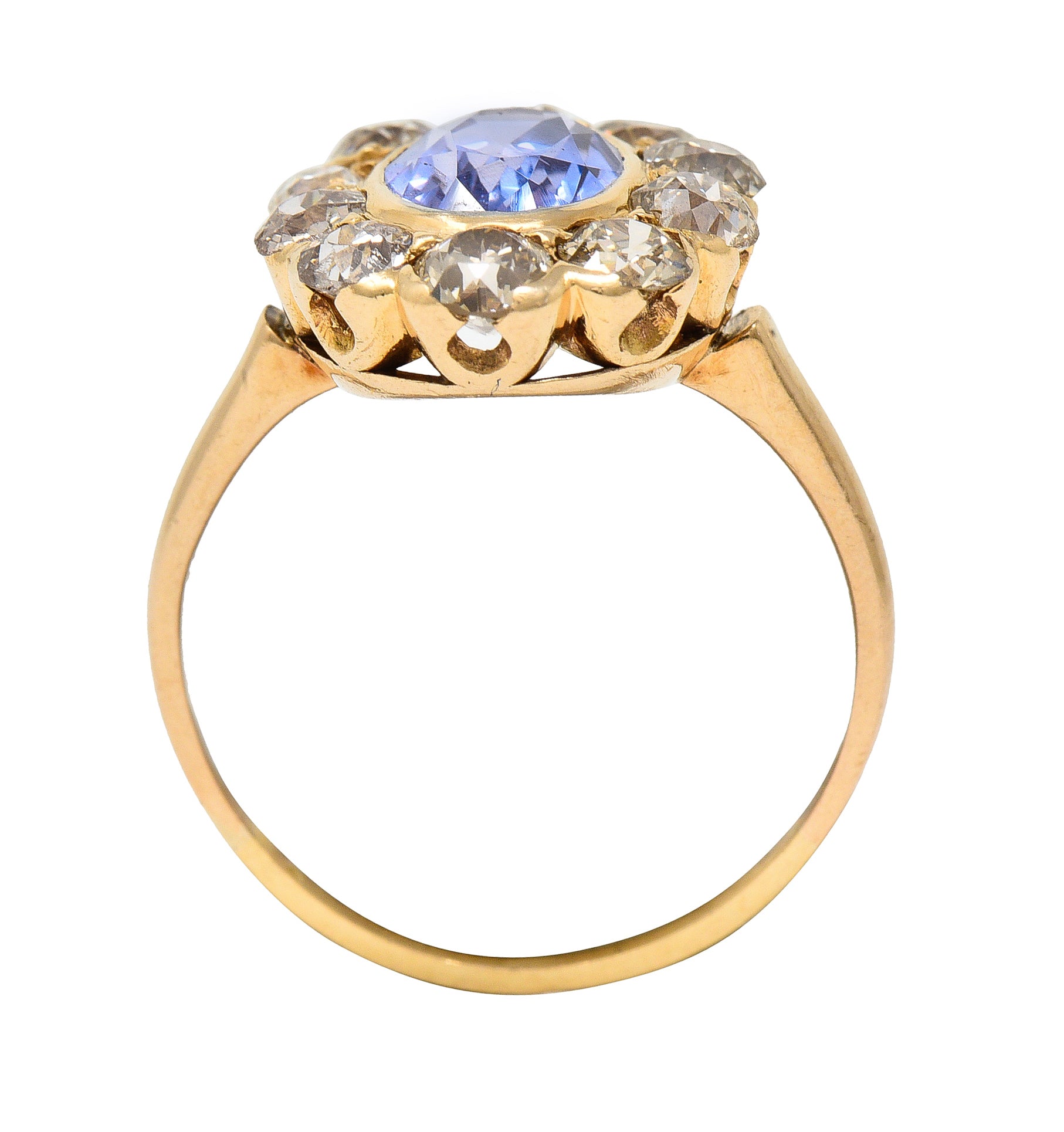 Victorian 3.18 CTW No Heat Ceylon Sapphire Diamond 14 Karat Yellow Gold Cluster Ring GIA Wilson's Estate Jewelry