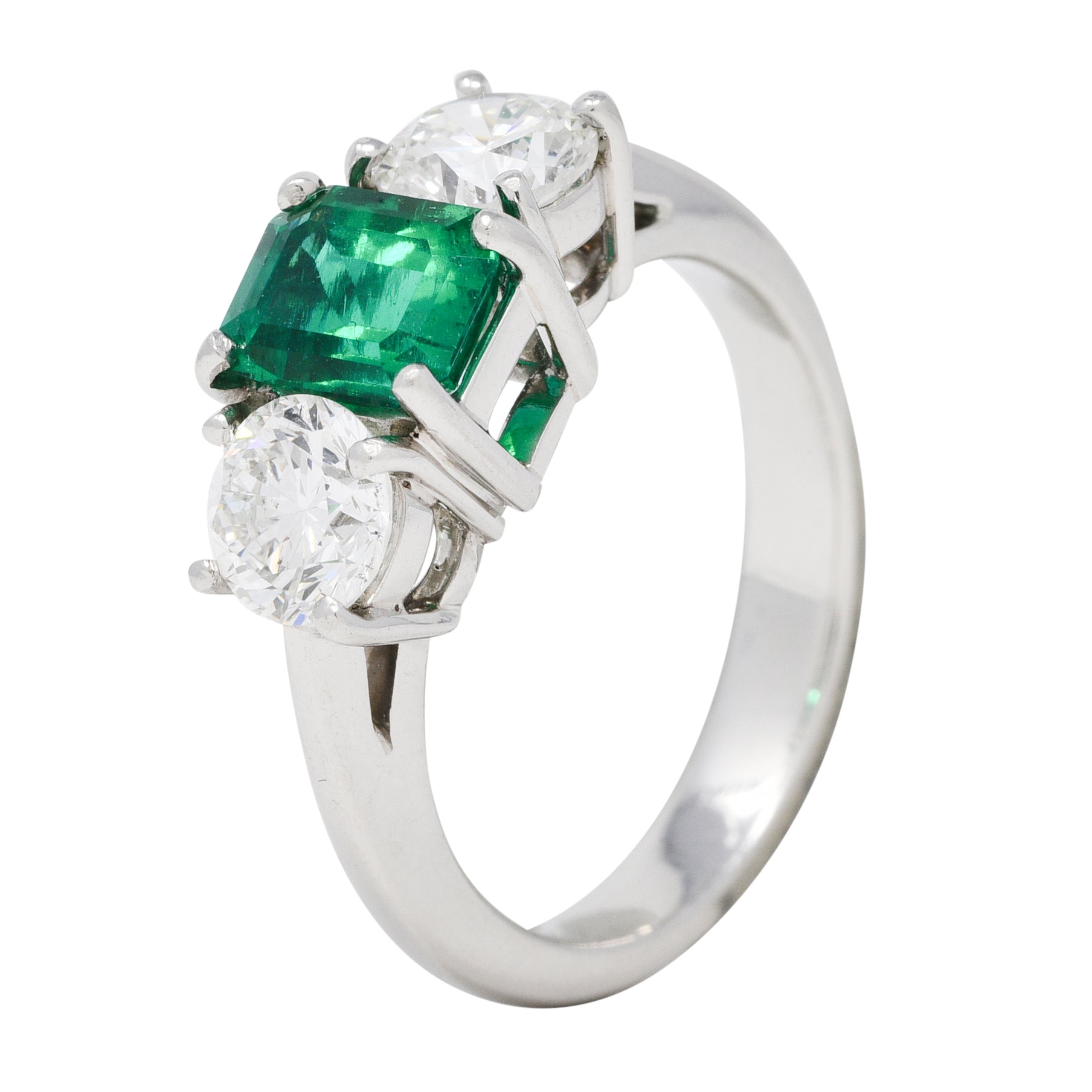 Mid-Century 2.27 CTW Emerald Diamond Platinum Vintage Three Stone Ring GIA Wilson's Estate Jewelry