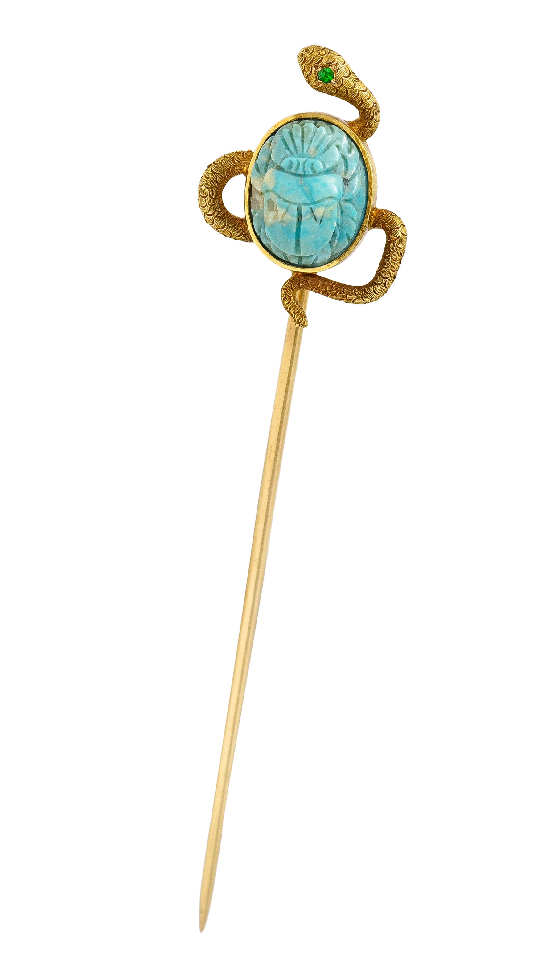 Victorian Turquoise Emerald 14 Karat Yellow Gold Scarab Snake Antique Unisex Stickpin Wilson's Estate Jewelry