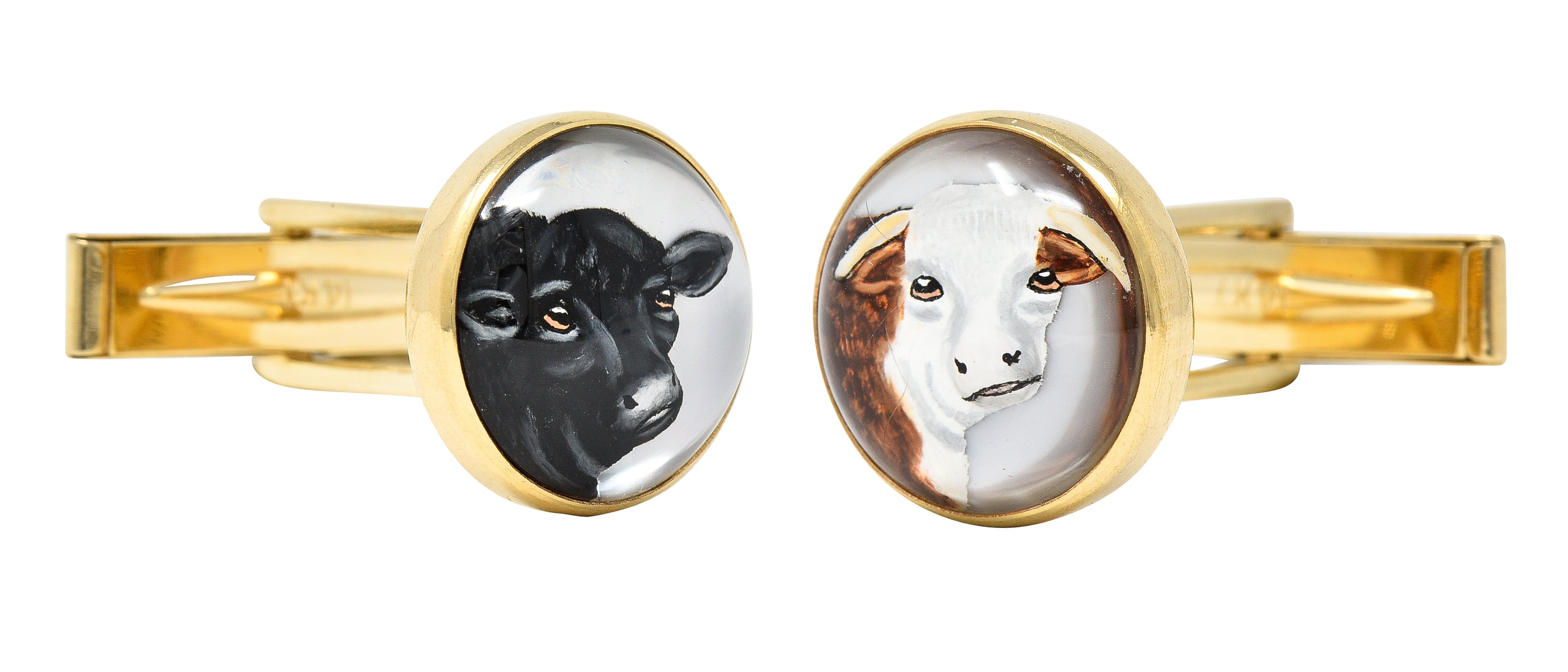 Victorian Essex Crystal Quartz 14 Karat Yellow Gold Cow Animal Antique Cufflinks Wilson's Estate Jewelry