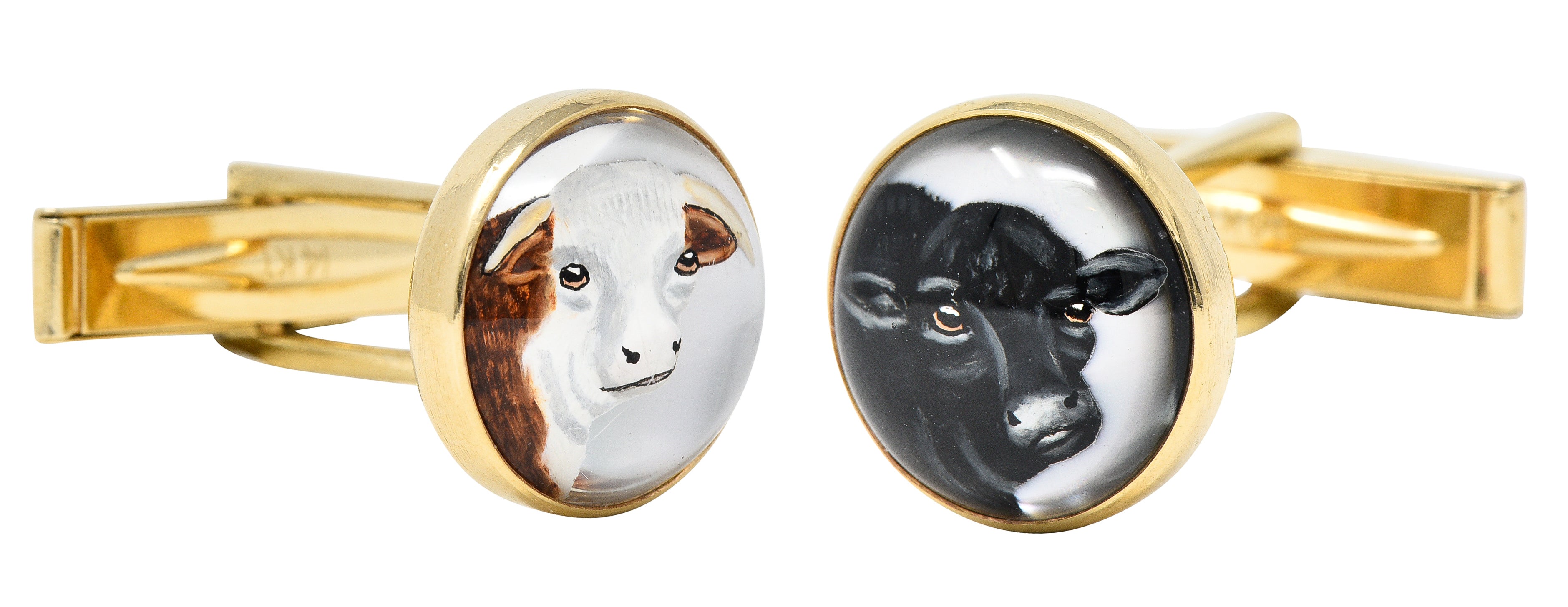 Victorian Essex Crystal Quartz 14 Karat Yellow Gold Cow Animal Antique Cufflinks Wilson's Estate Jewelry