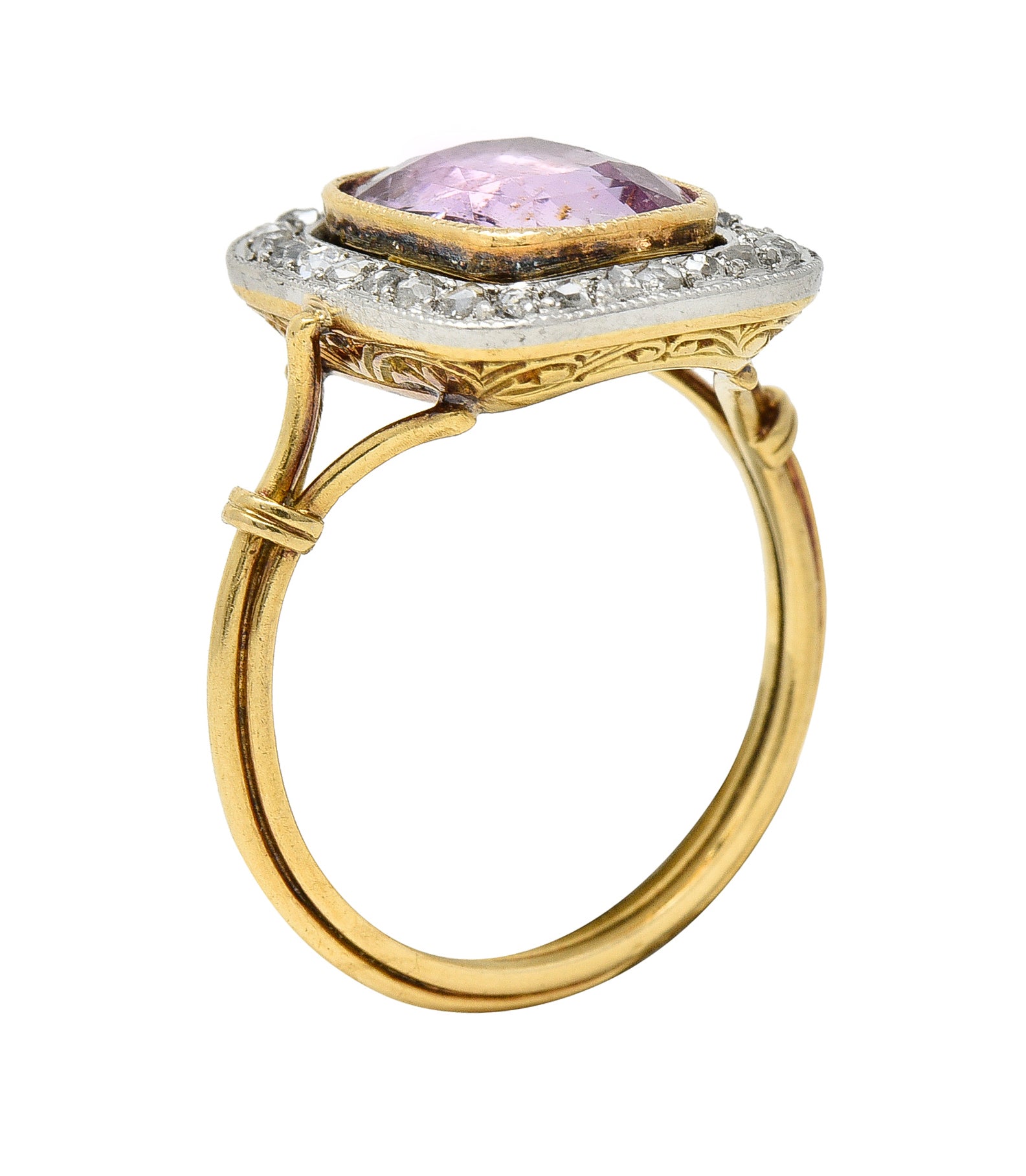 Victorian Pink Sapphire Diamond Platinum 18 Karat Gold Halo Antique Ring Wilson's Estate Jewelry