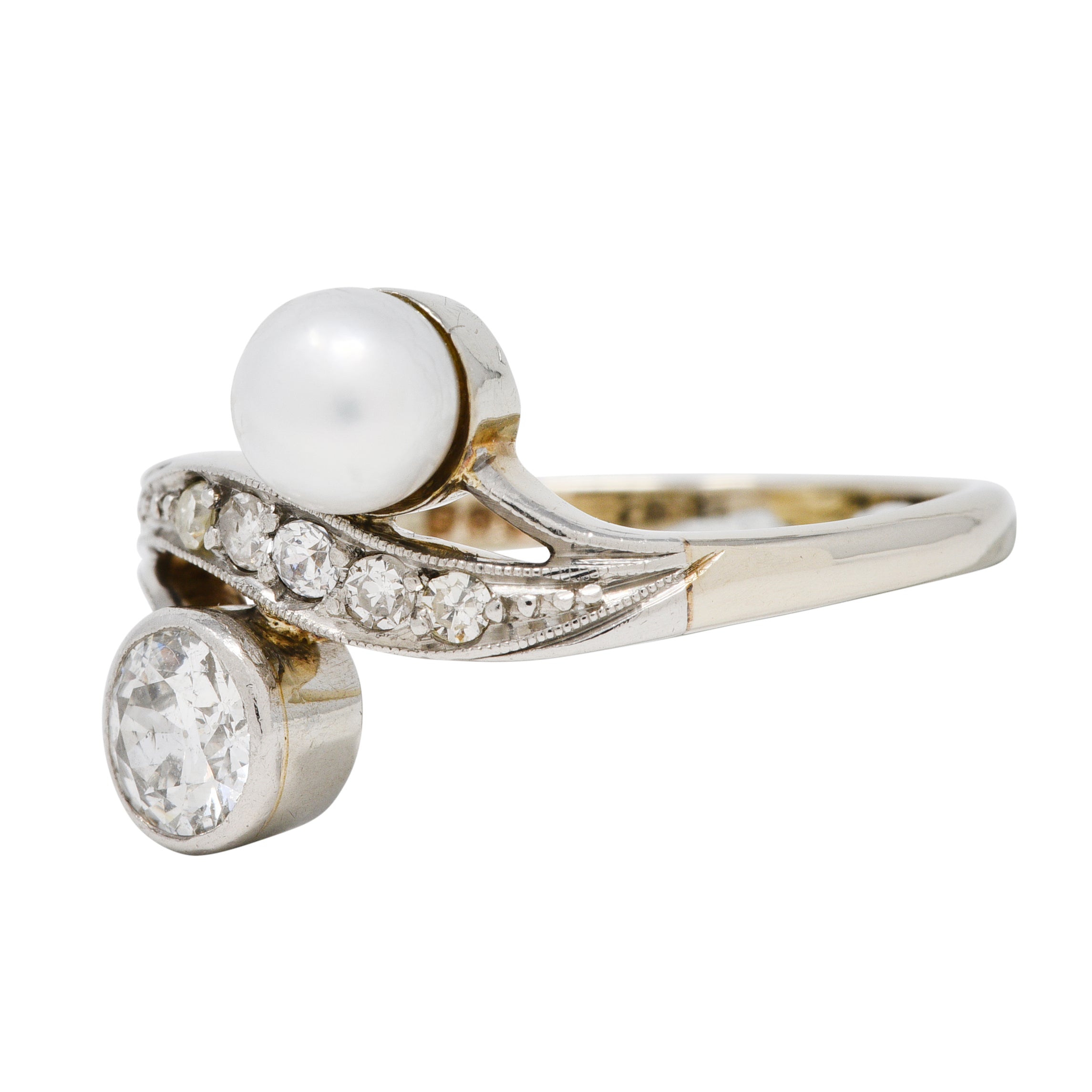 Retro Pearl Diamond 14 Karat White Gold Toi Et Moi Ring Wilson's Estate Jewelry