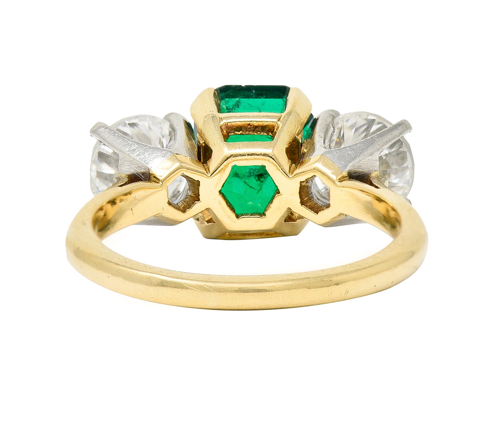 1980's 3.27 CTW Colombian Emerald Diamond Platinum 14 Karat Yellow Gold Vintage Three Stone Ring GIA Wilson's Estate Jewelry