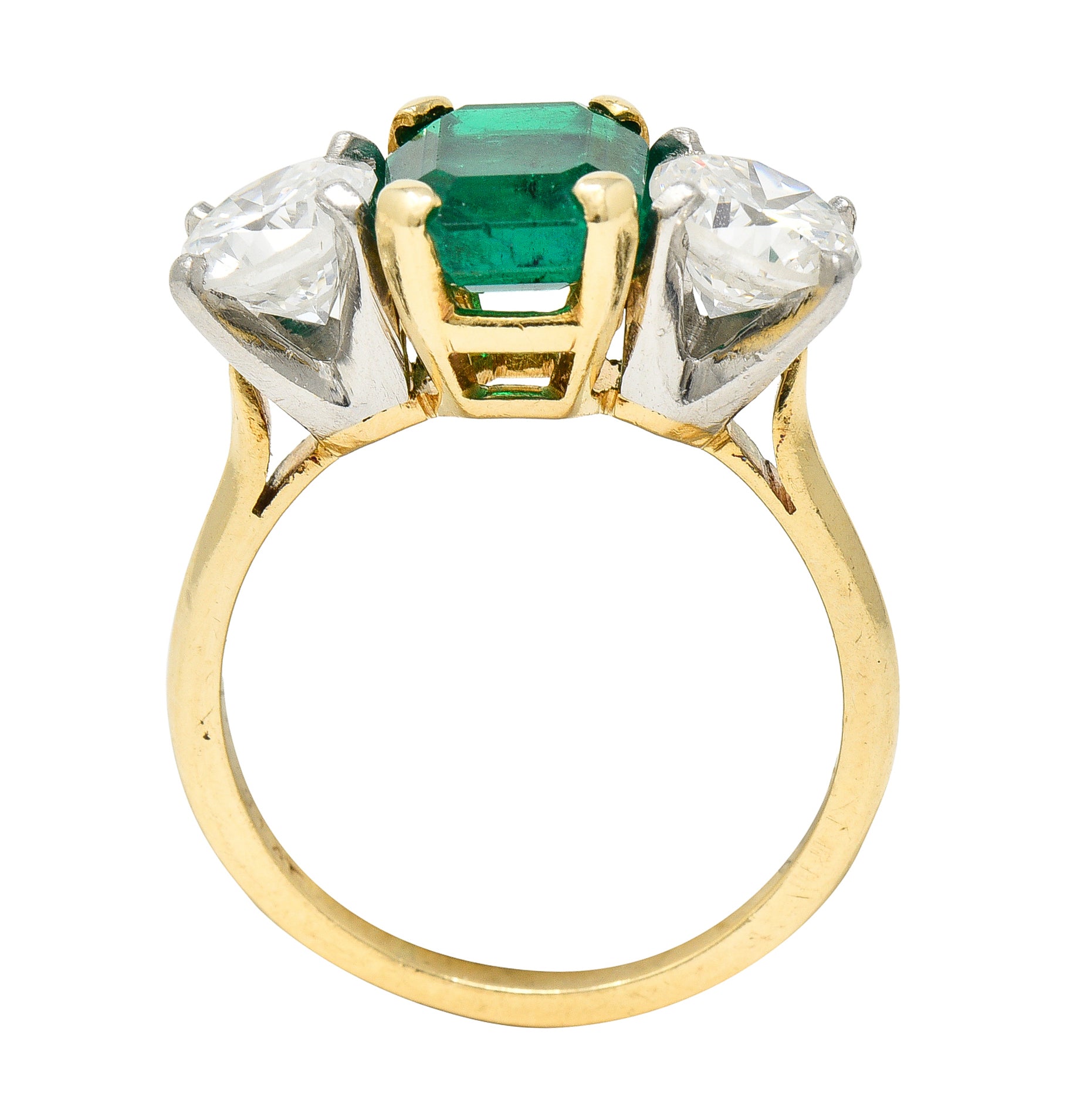 1980's 3.27 CTW Colombian Emerald Diamond Platinum 14 Karat Yellow Gold Vintage Three Stone Ring GIA Wilson's Estate Jewelry