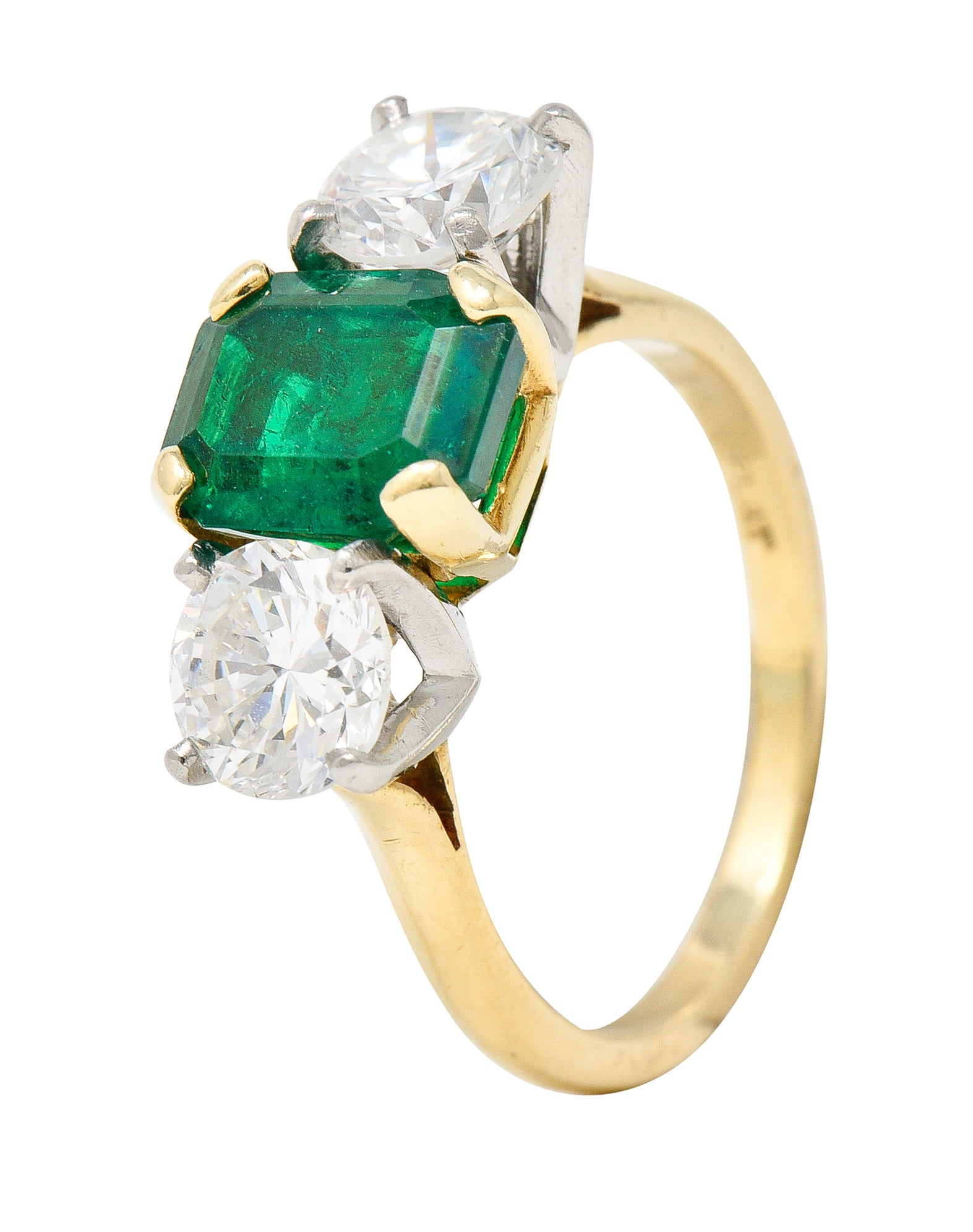 1980's 3.27 CTW Colombian Emerald Diamond Platinum 14 Karat Yellow Gold Vintage Three Stone Ring GIA Wilson's Estate Jewelry