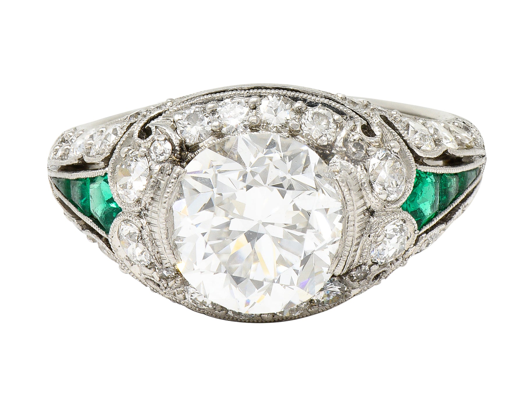 Art Deco 2.74 CTW Old European Cut Diamond Emerald Platinum Vintage Engagement Ring Wilson's Estate Jewelry