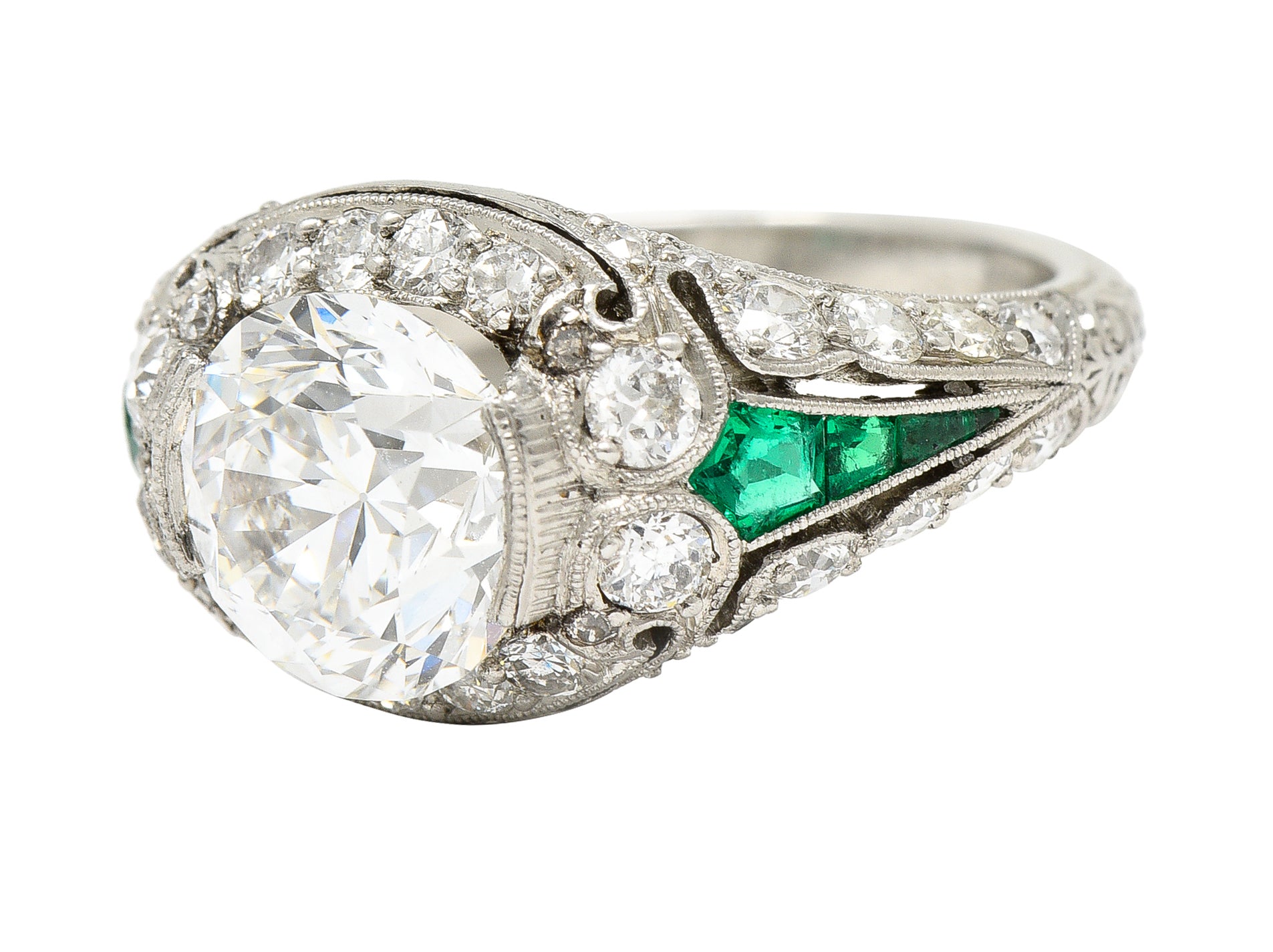 Art Deco 2.74 CTW Old European Cut Diamond Emerald Platinum Vintage Engagement Ring Wilson's Estate Jewelry