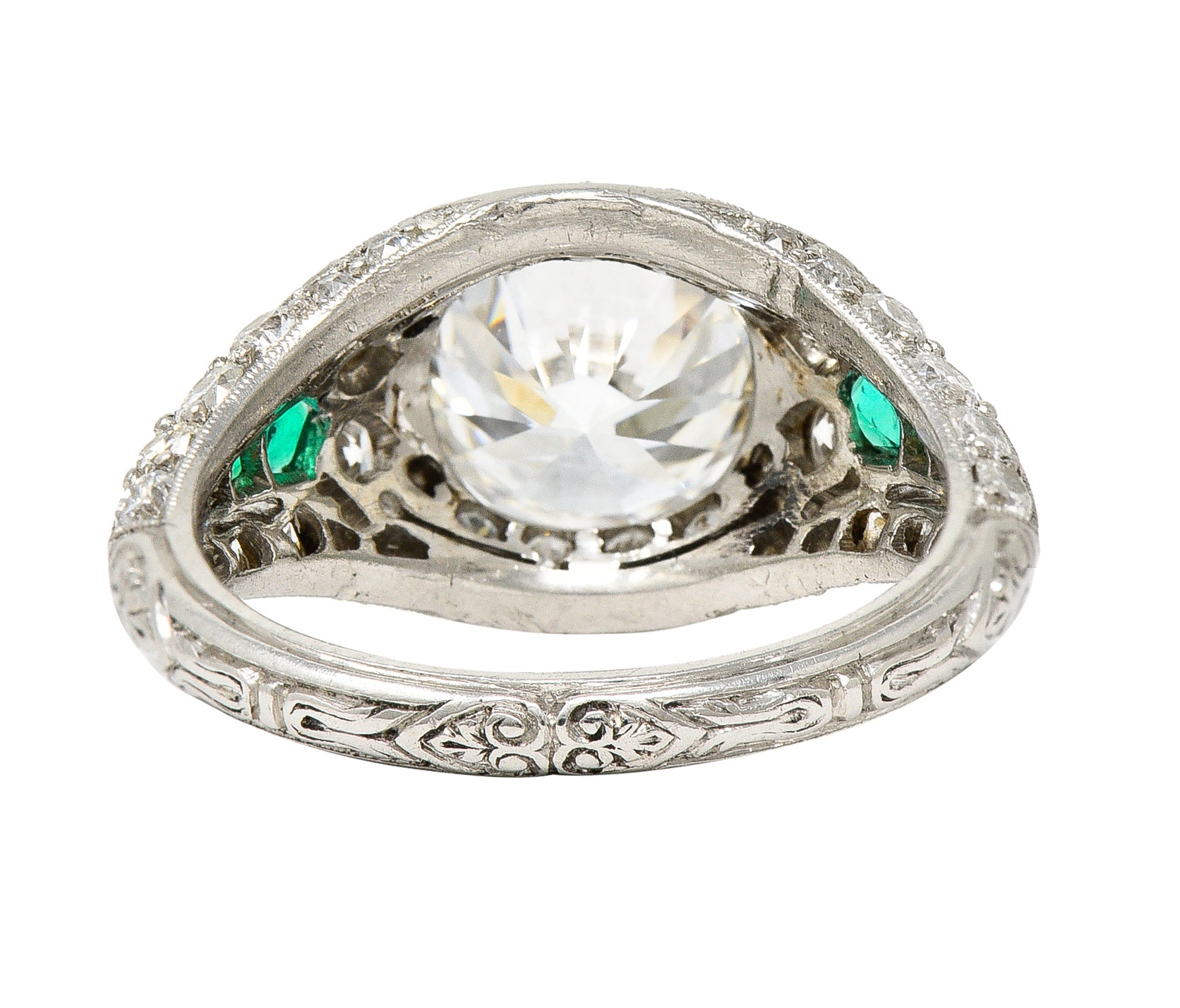 Art Deco 2.74 CTW Old European Cut Diamond Emerald Platinum Vintage Engagement Ring Wilson's Estate Jewelry