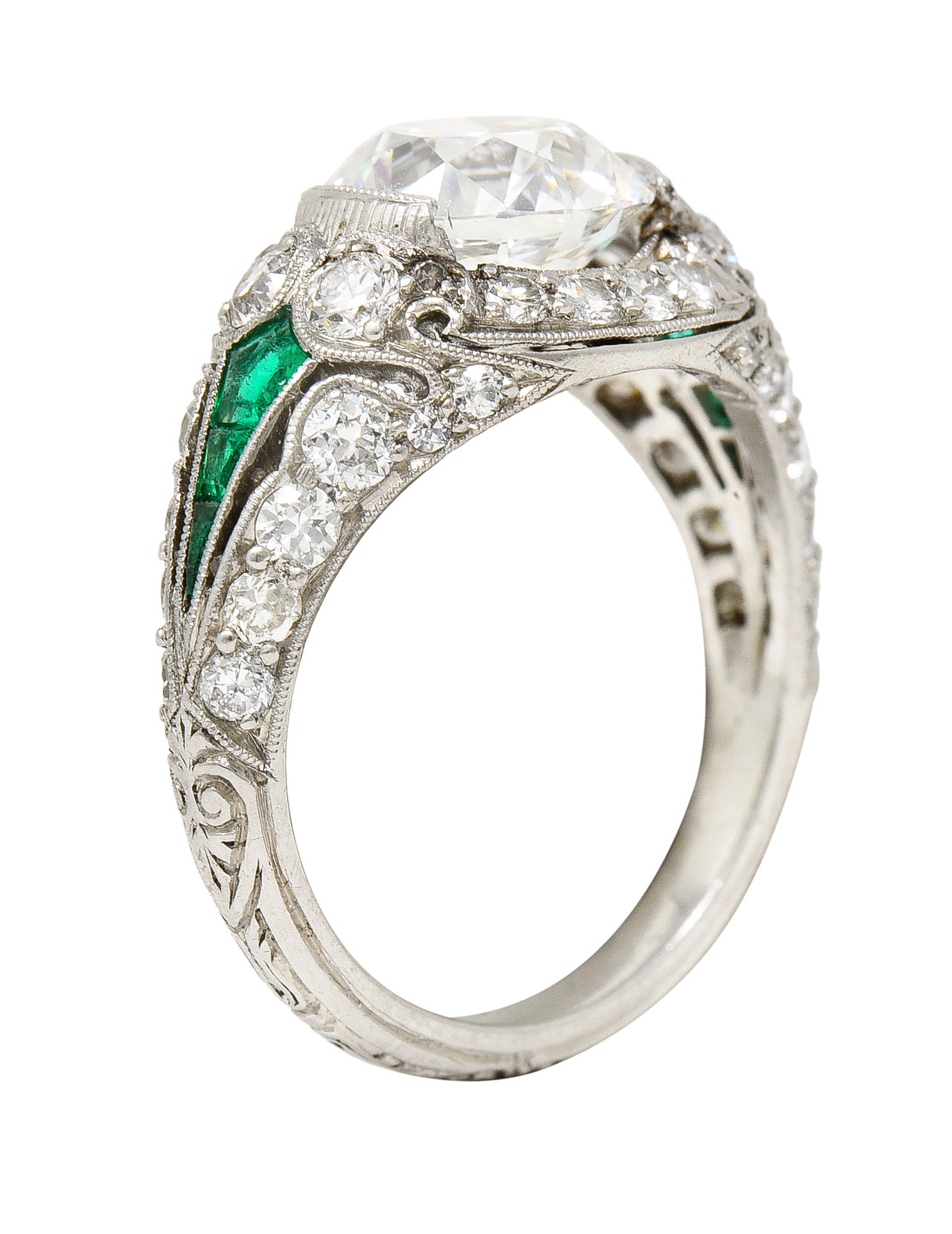 Art Deco 2.74 CTW Old European Cut Diamond Emerald Platinum Vintage Engagement Ring Wilson's Estate Jewelry