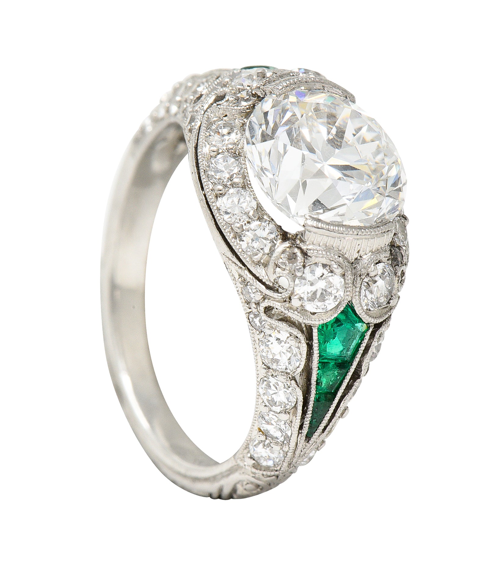 Art Deco 2.74 CTW Old European Cut Diamond Emerald Platinum Vintage Engagement Ring Wilson's Estate Jewelry