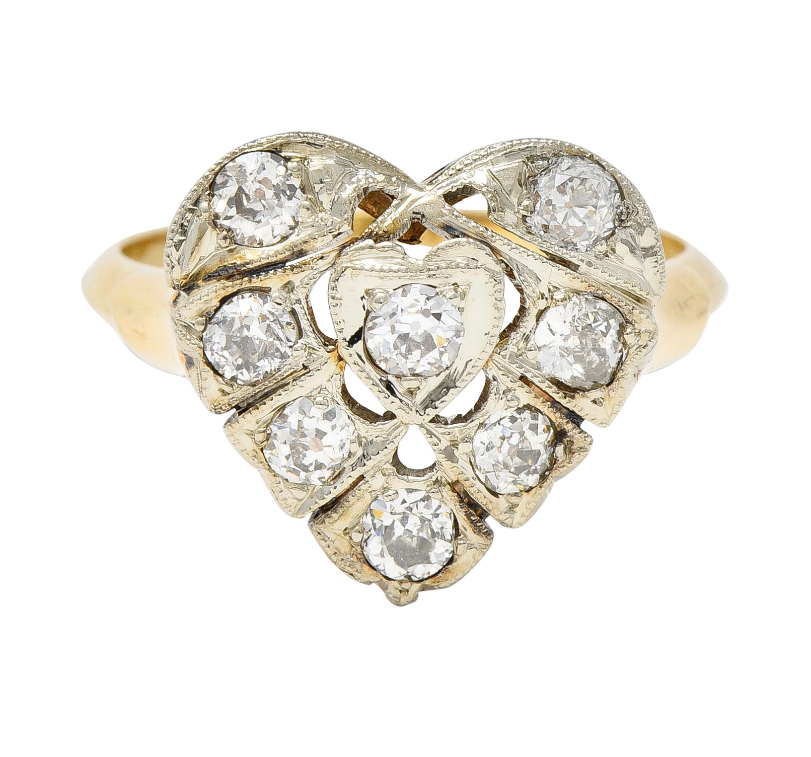 Edwardian 0.74 CTW Diamond Platinum-Topped 14 Karat Gold Antique Heart Ring Wilson's Estate Jewelry