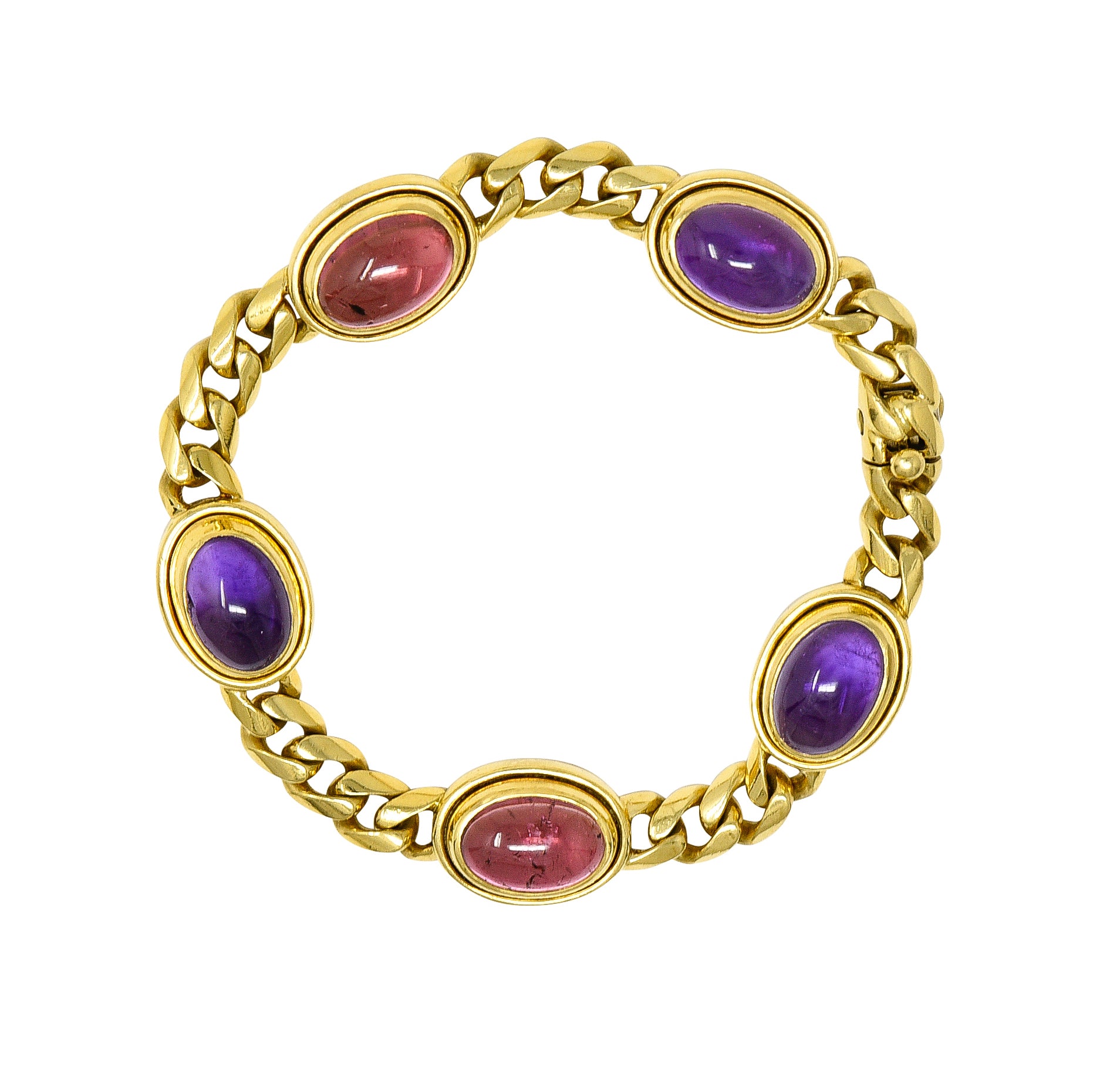 Bulgari 1980's Amethyst Tourmaline Cabochon 18 Karat Yellow Gold Curb Link Vintage Unisex Bracelet Wilson's Estate Jewelry