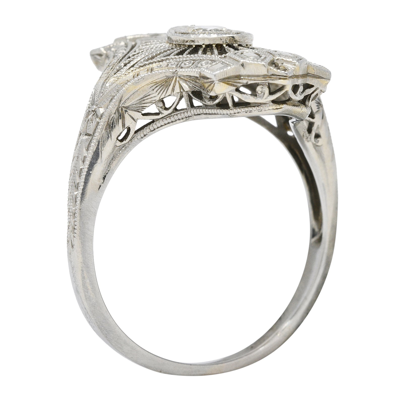 Art Deco Old European Cut Diamond 18 Karat White Gold Wheat Vintage Dinner Ring Wilson's Estate Jewelry