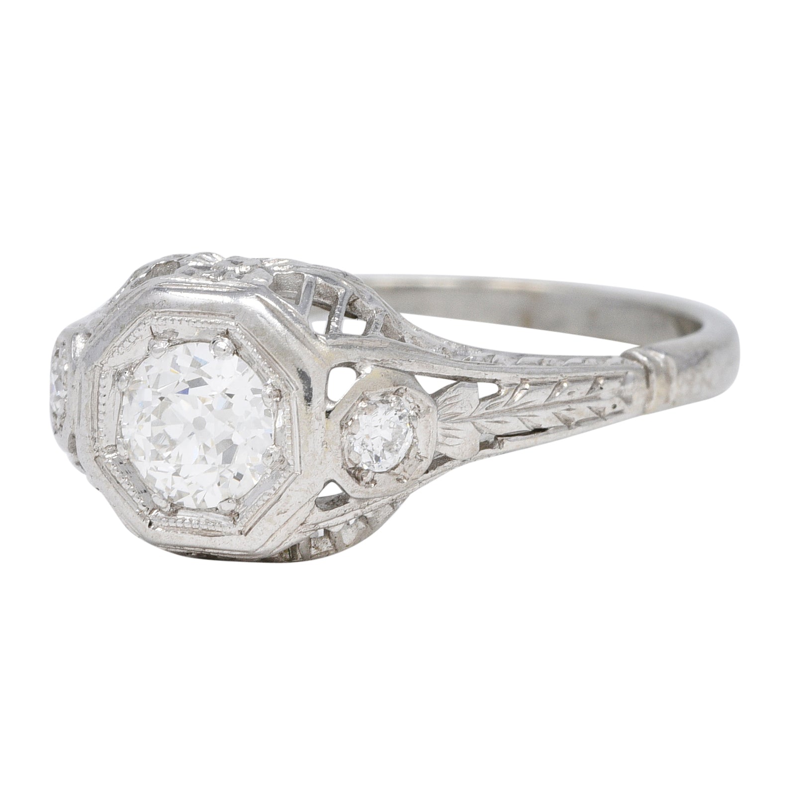 Art Deco 0.58 CTW Diamond 18 Karat White Gold Orange Blossom Engagement Ring Wilson's Estate Jewelry