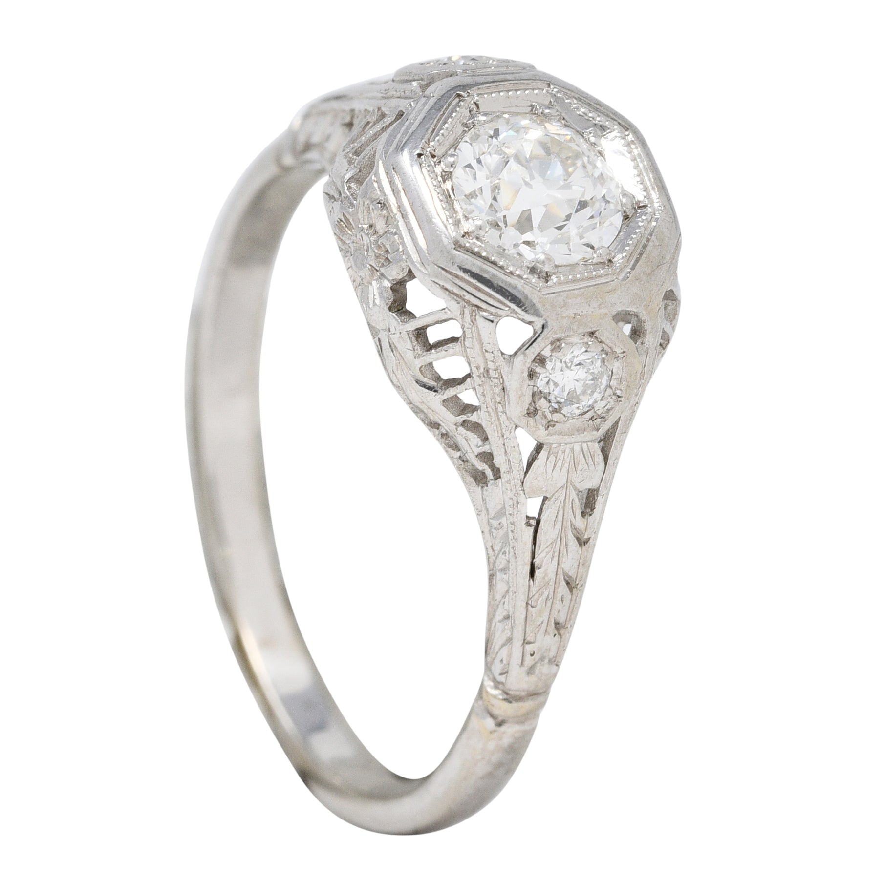 Art Deco 0.58 CTW Diamond 18 Karat White Gold Orange Blossom Engagement Ring Wilson's Estate Jewelry