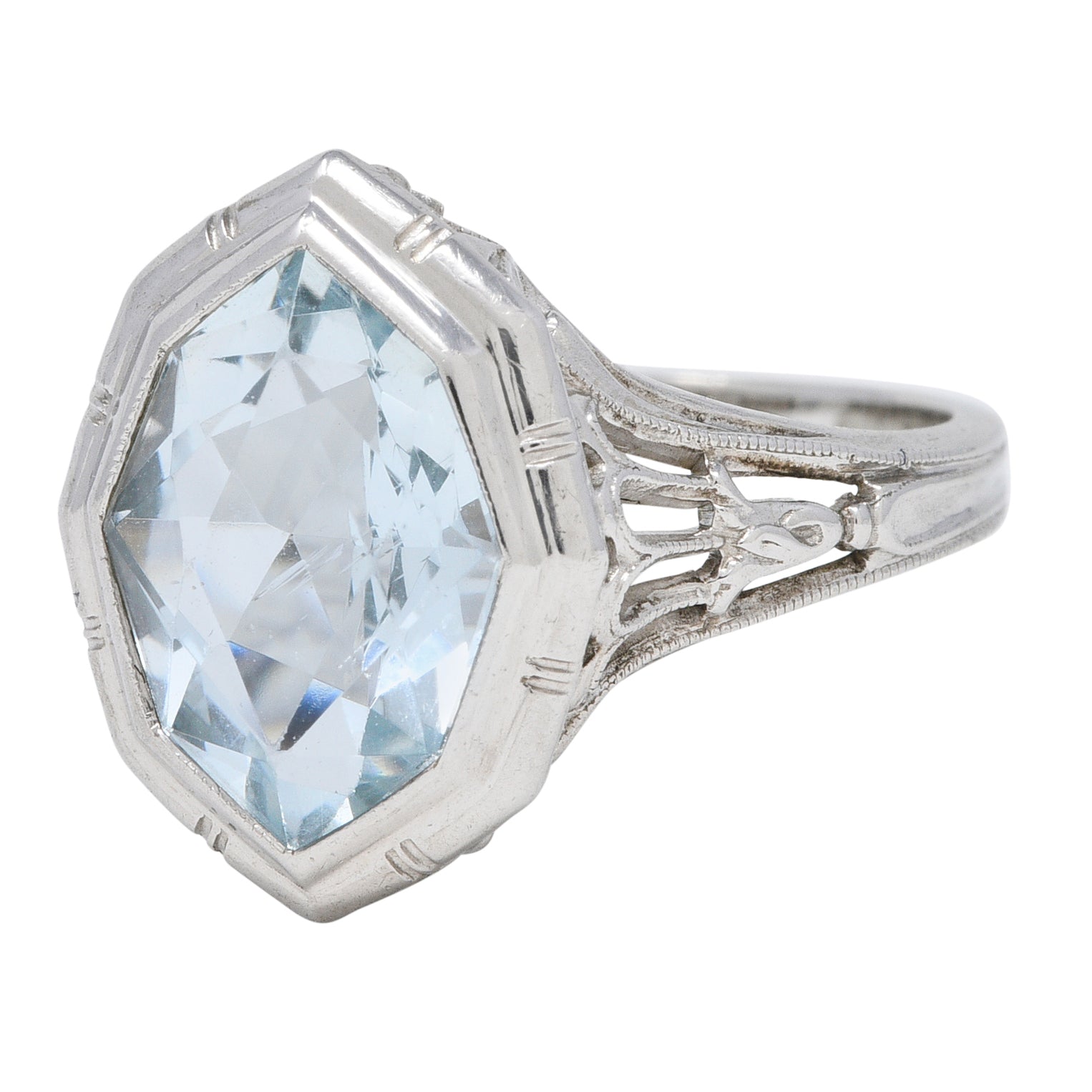 Jones & Woodland Co. Art Deco Hexagonal Cut Aquamarine 14 Karat White Gold Lily Gemstone Ring Wilson's Estate Jewelry