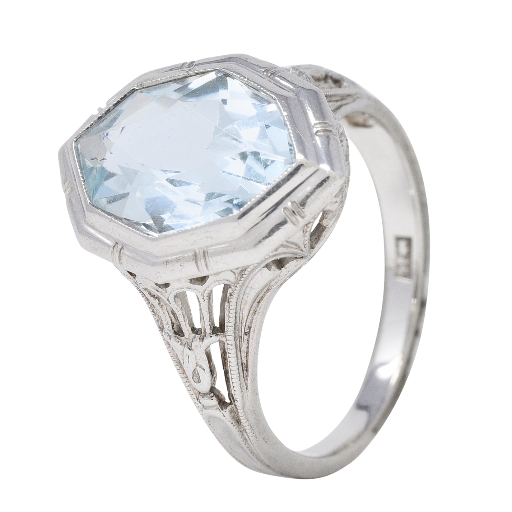 Jones & Woodland Co. Art Deco Hexagonal Cut Aquamarine 14 Karat White Gold Lily Gemstone Ring Wilson's Estate Jewelry