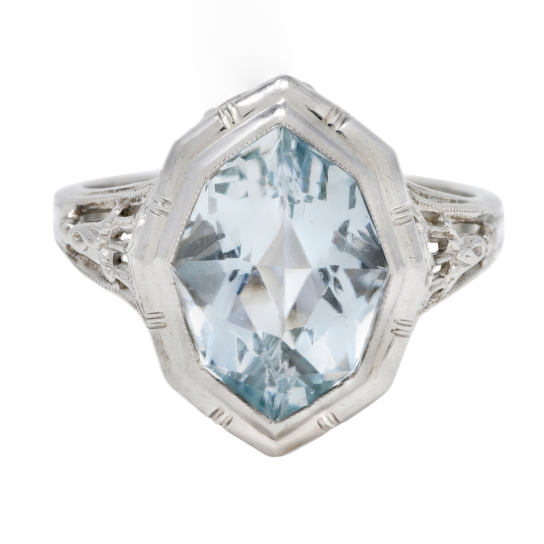 Jones & Woodland Co. Art Deco Hexagonal Cut Aquamarine 14 Karat White Gold Lily Gemstone Ring Wilson's Estate Jewelry