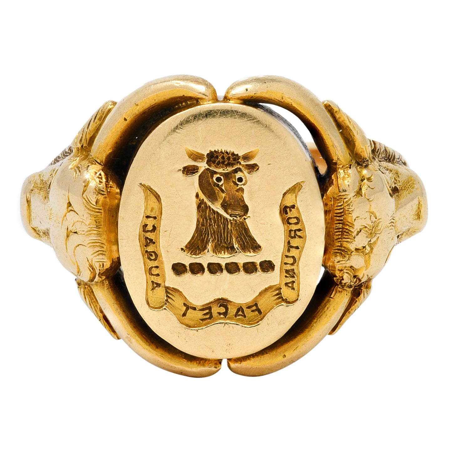 Victorian 14 Karat Yellow Gold Fortune Favors The Brave Bull Antique Intaglio Signet Ring Wilson's Estate Jewelry