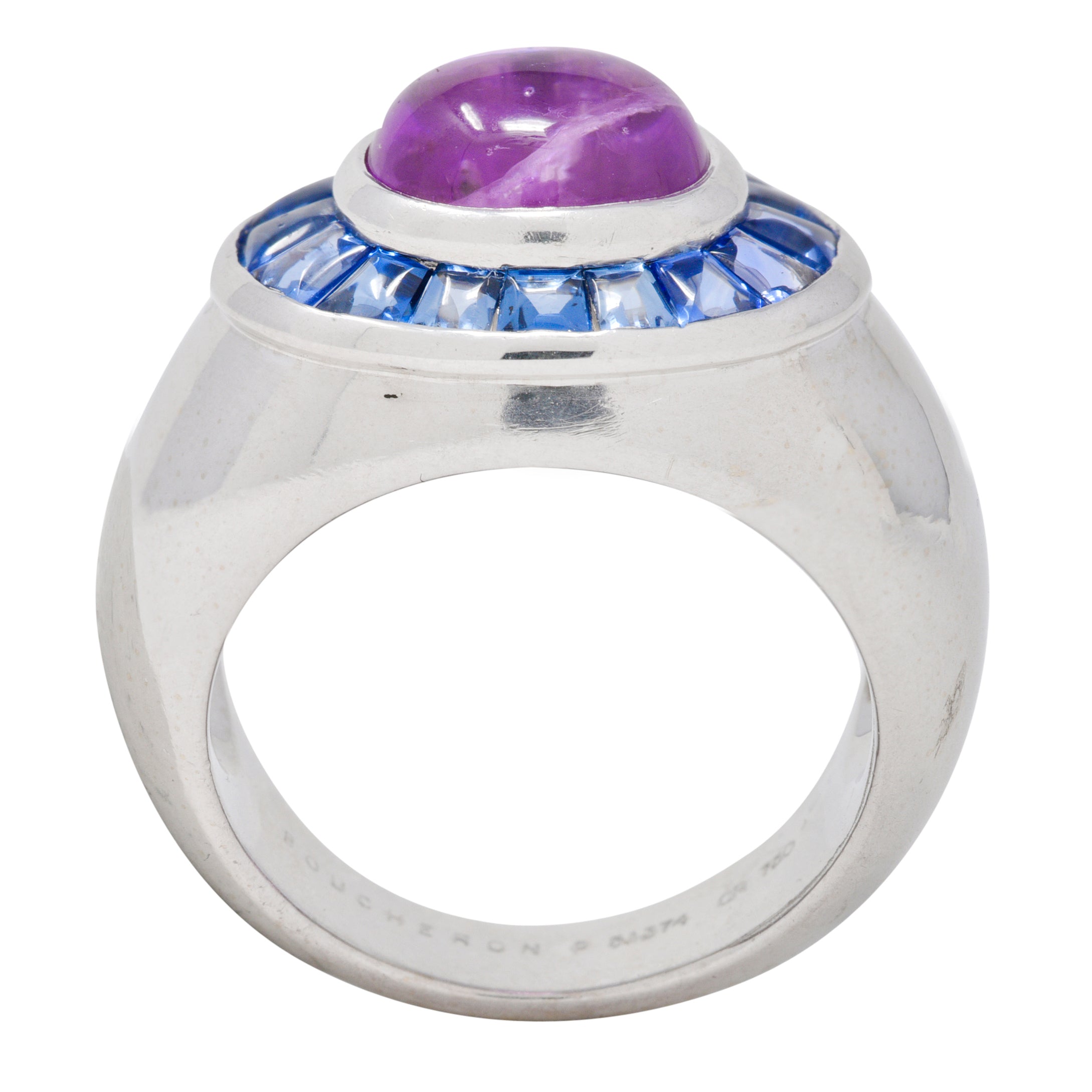 Boucheron French Modernist 5.08 CTW Purple Sapphire Cabochon 18 Karat White Gold Halo Vintage Ring Wilson's Estate Jewelry