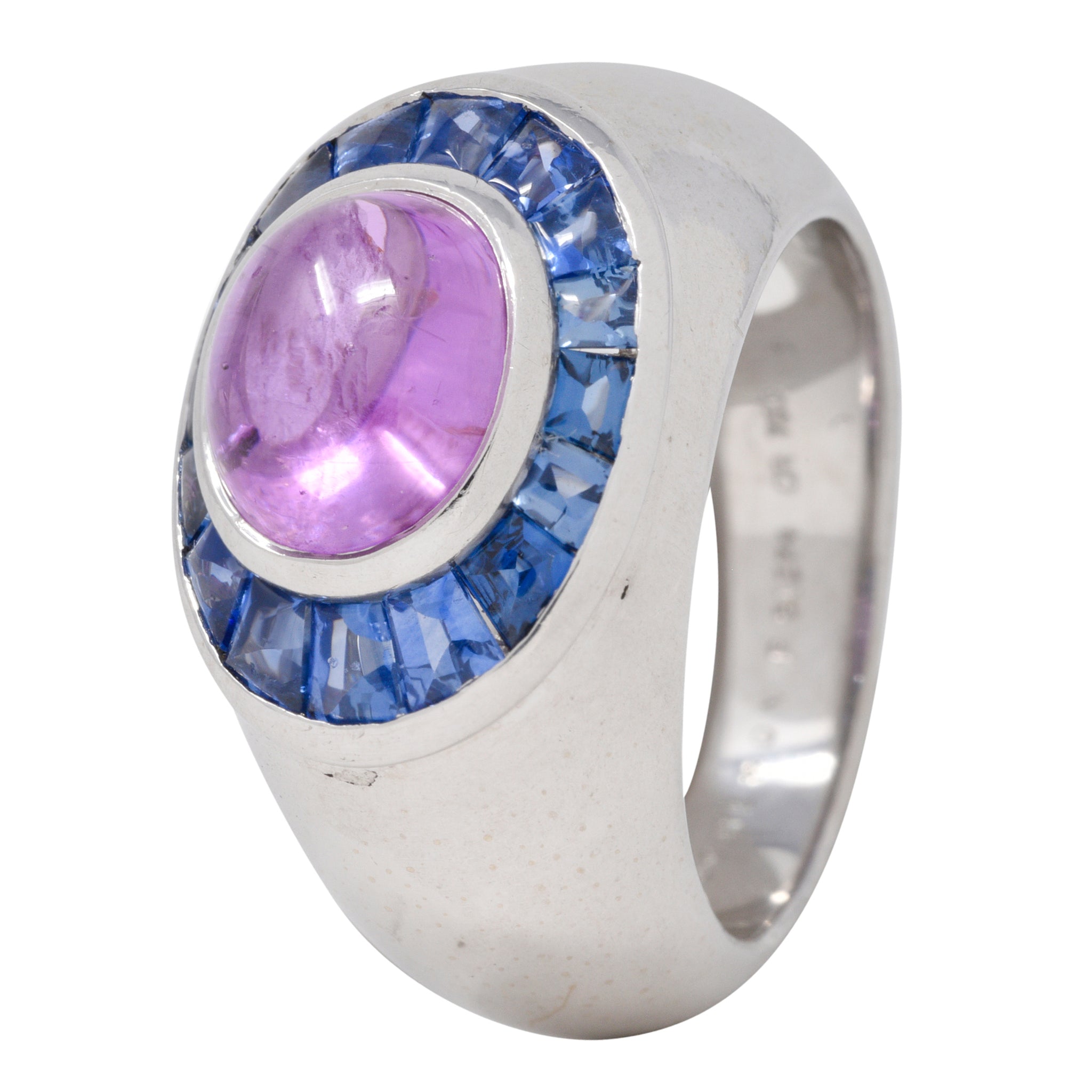 Boucheron French Modernist 5.08 CTW Purple Sapphire Cabochon 18 Karat White Gold Halo Vintage Ring Wilson's Estate Jewelry