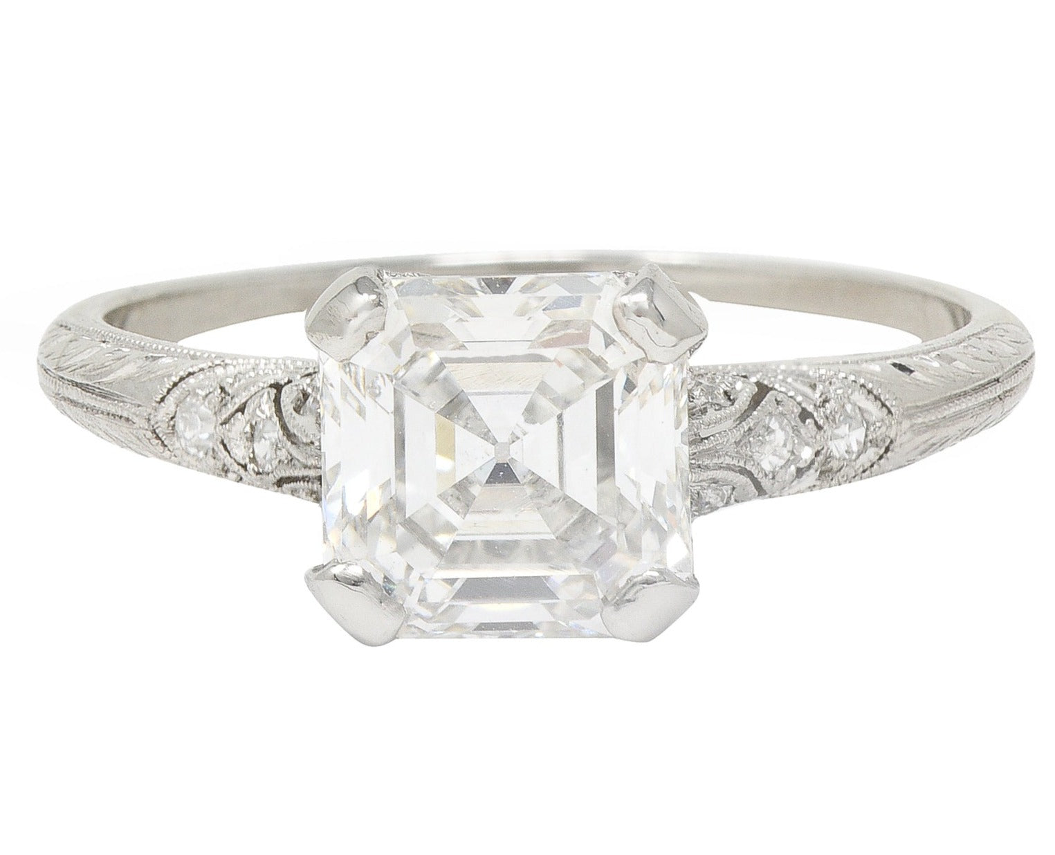 Tiffany & Co. Art Deco 1.88 CTW Asscher Cut Diamond Platinum Foliate Antique Engagement Ring GIA Wilson's Estate Jewelry