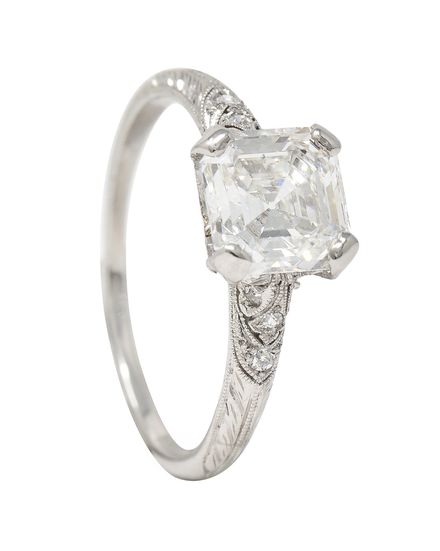 Tiffany & Co. Art Deco 1.88 CTW Asscher Cut Diamond Platinum Foliate Antique Engagement Ring GIA Wilson's Estate Jewelry