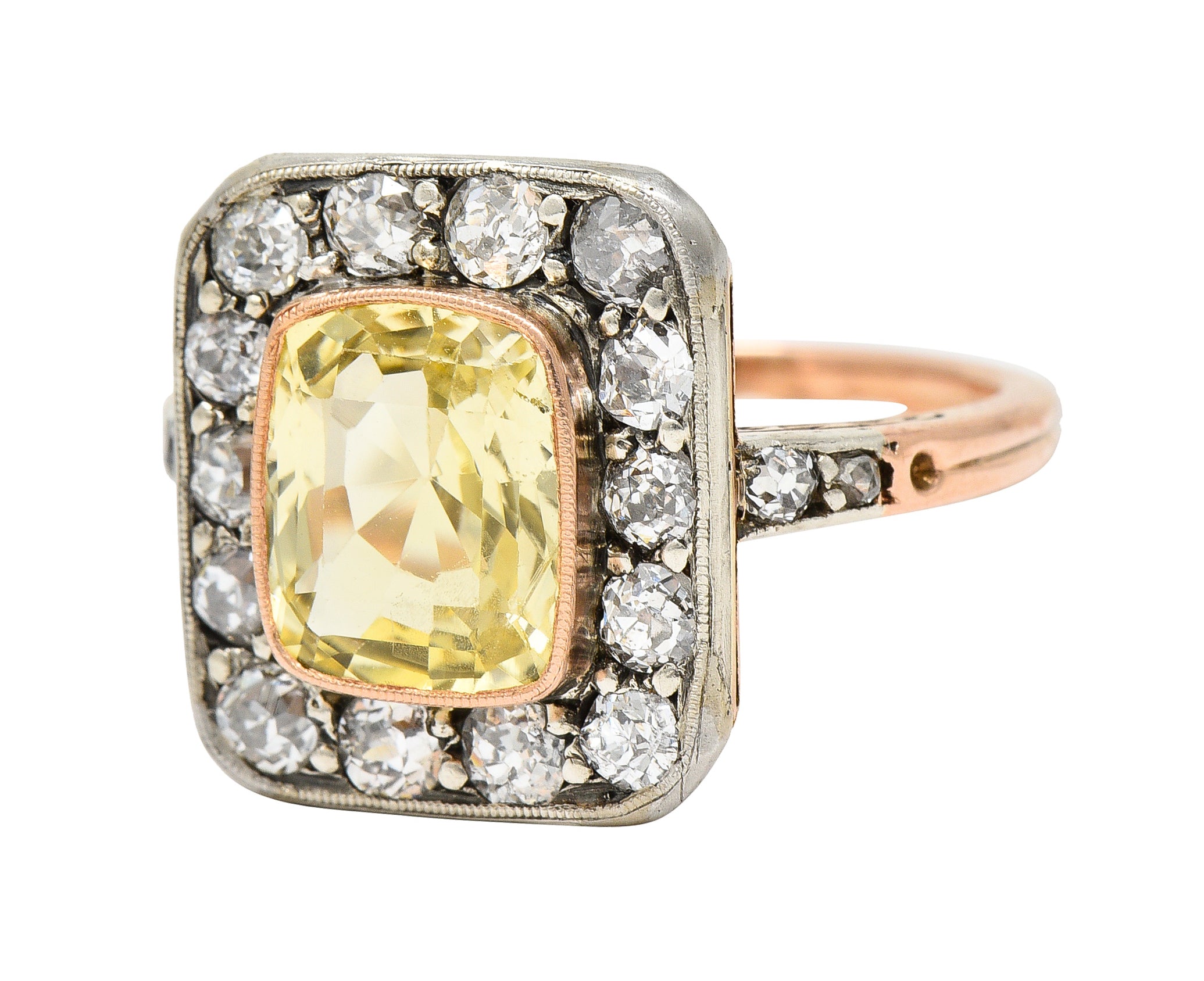 Edwardian 3.84 CTW Yellow Sapphire Diamond Platinum 18 Karat Rose Gold Antique Halo Ring GIA Wilson's Estate Jewelry