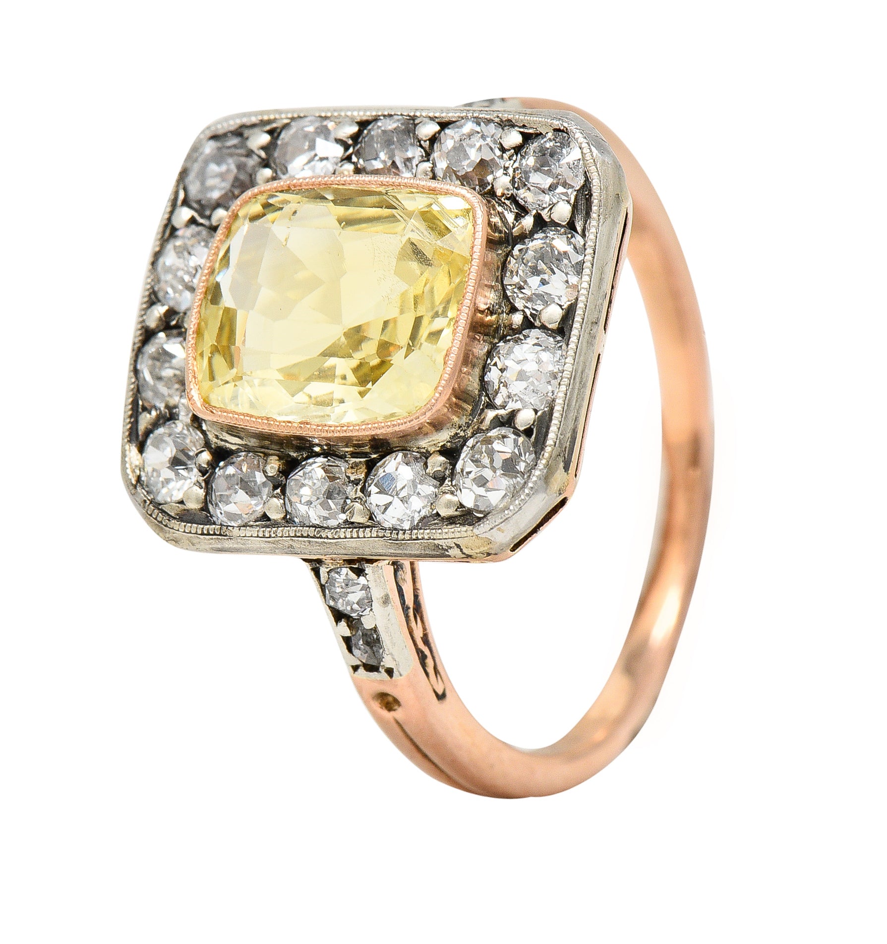 Edwardian 3.84 CTW Yellow Sapphire Diamond Platinum 18 Karat Rose Gold Antique Halo Ring GIA Wilson's Estate Jewelry