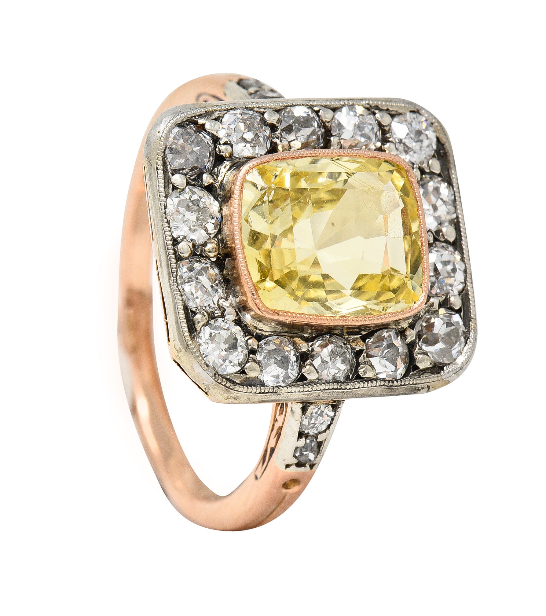 Edwardian 3.84 CTW Yellow Sapphire Diamond Platinum 18 Karat Rose Gold Antique Halo Ring GIA Wilson's Estate Jewelry