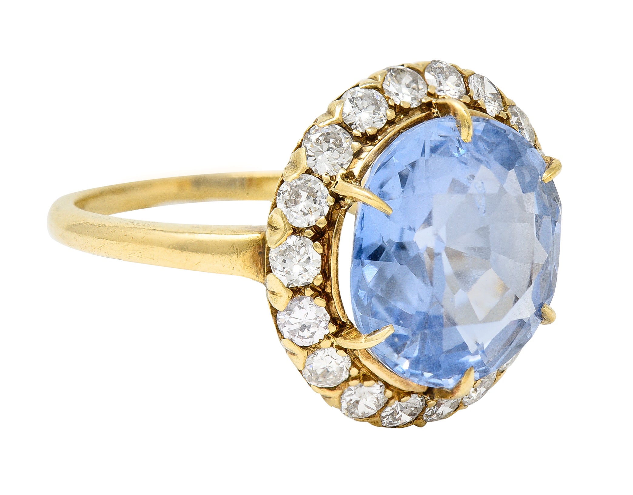 Jabel Mid-Century 6.99 CTW No Heat Ceylon Sapphire Diamond 14 Karat Yellow Gold Vintage Halo Ring GIA Wilson's Estate Jewelry