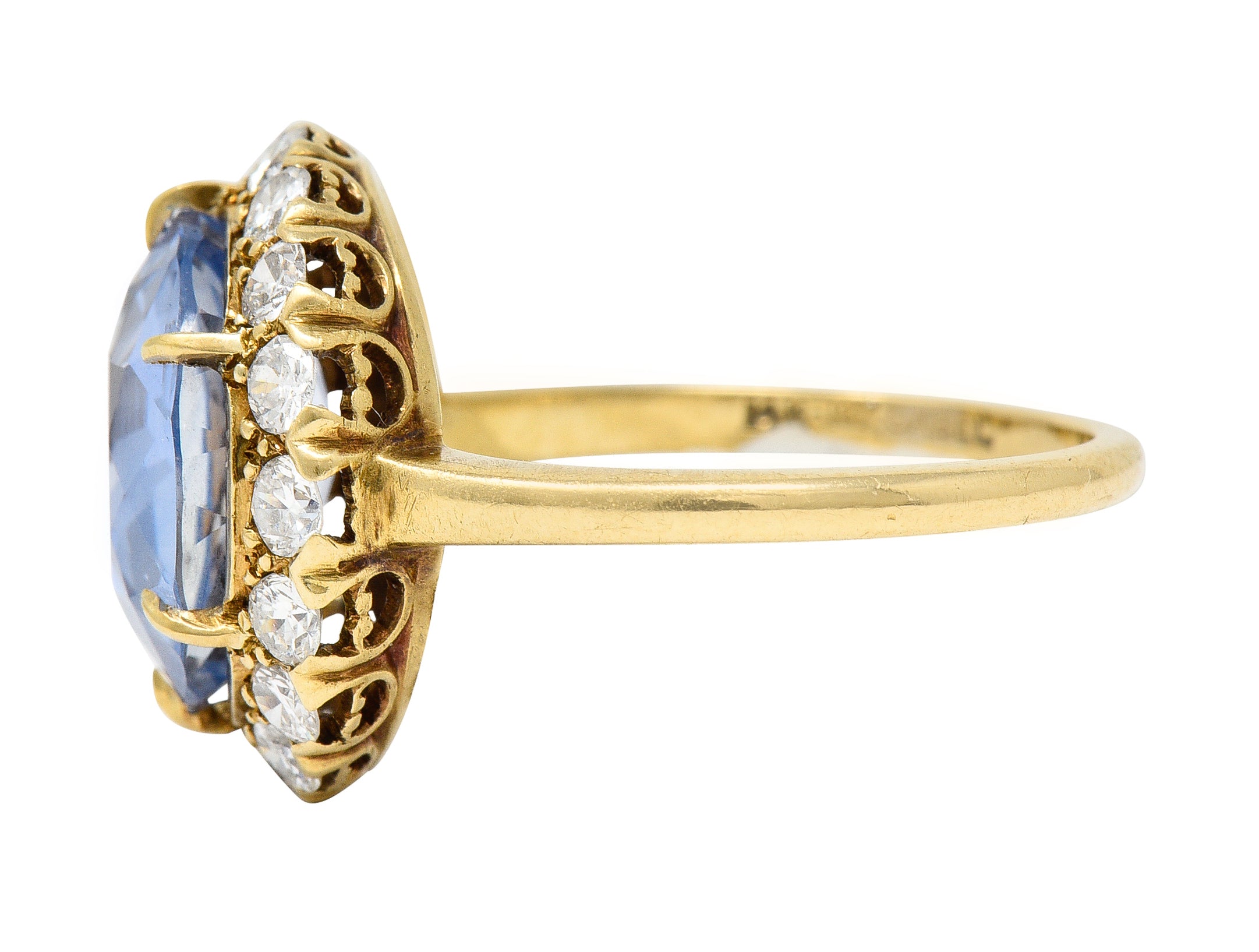 Jabel Mid-Century 6.99 CTW No Heat Ceylon Sapphire Diamond 14 Karat Yellow Gold Vintage Halo Ring GIA Wilson's Estate Jewelry