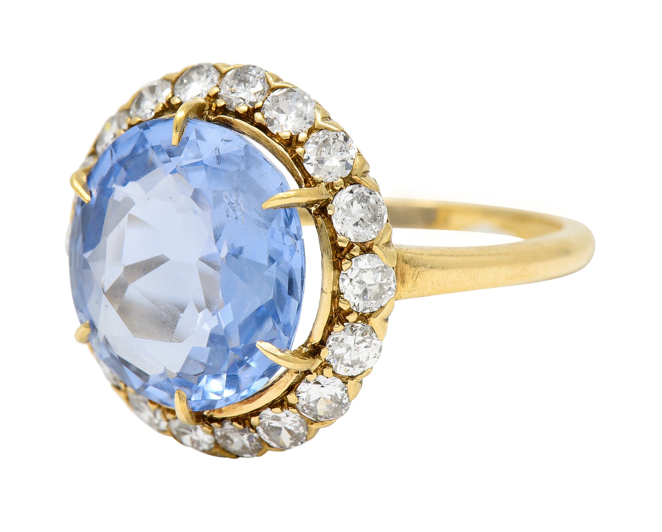 Jabel Mid-Century 6.99 CTW No Heat Ceylon Sapphire Diamond 14 Karat Yellow Gold Vintage Halo Ring GIA Wilson's Estate Jewelry