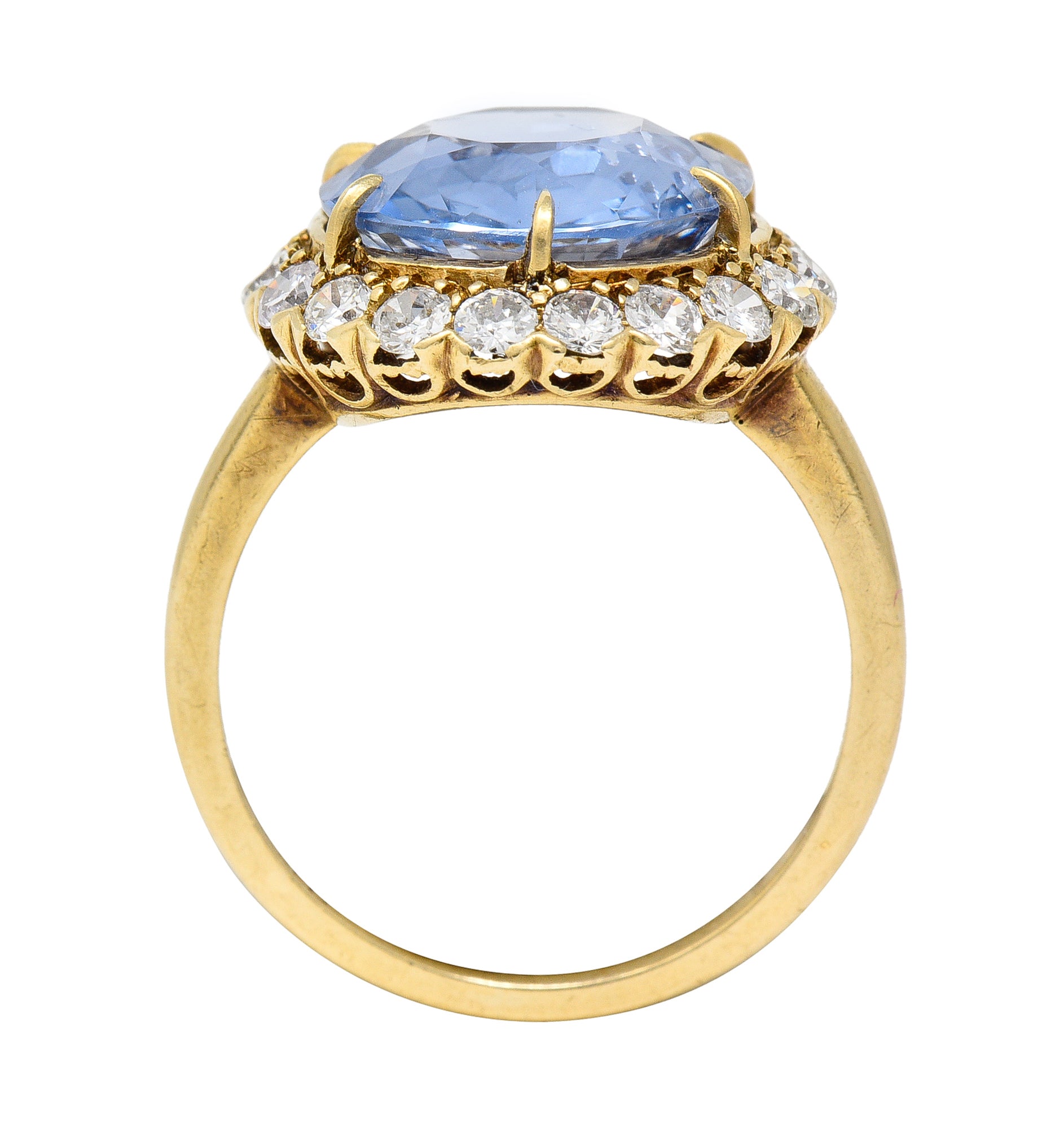 Jabel Mid-Century 6.99 CTW No Heat Ceylon Sapphire Diamond 14 Karat Yellow Gold Vintage Halo Ring GIA Wilson's Estate Jewelry