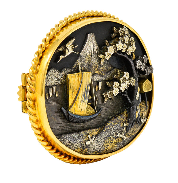 Victorian Japanese 18 Karat Yellow Gold Shibuichi Copper Silver Shakudo Antique Brooch Wilson's Estate Jewelry