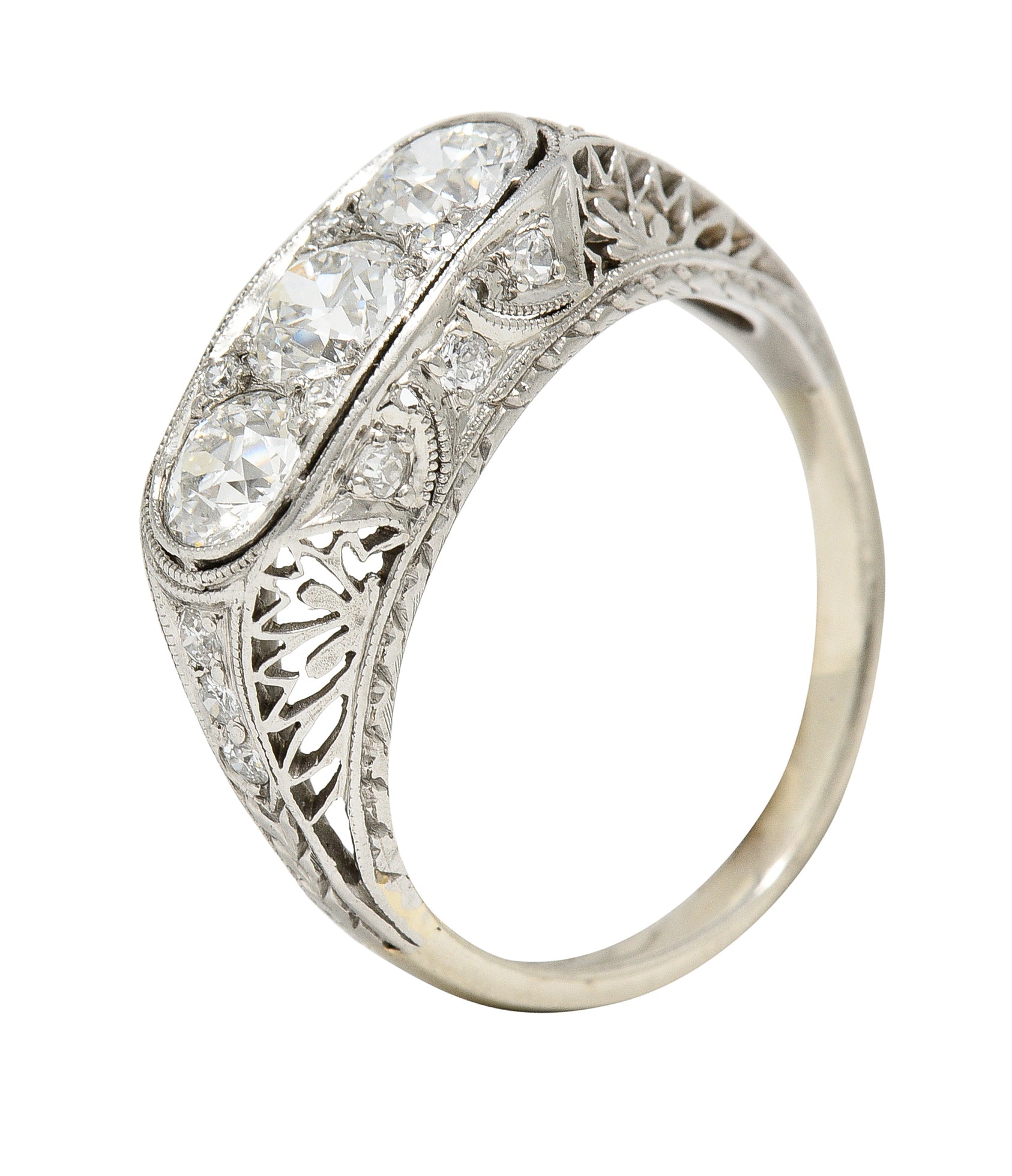 Art Deco 1.38 CTW Diamond Platinum Three Stone Foliate Vintage Ring