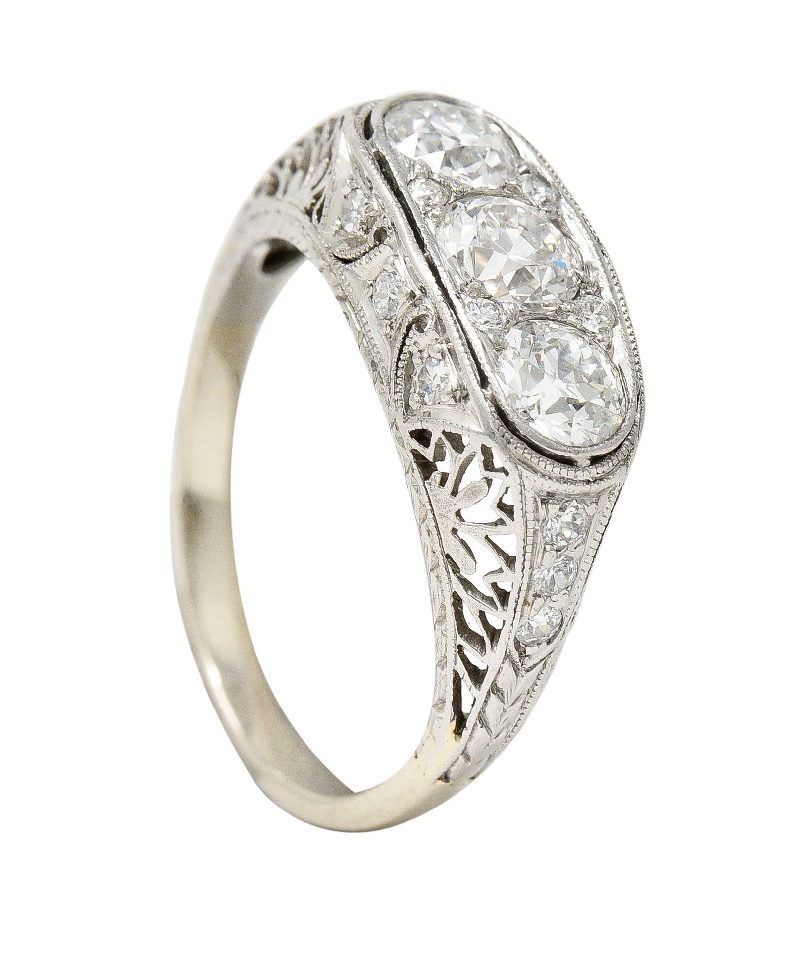 Art Deco 1.38 CTW Diamond Platinum Three Stone Foliate Vintage Ring