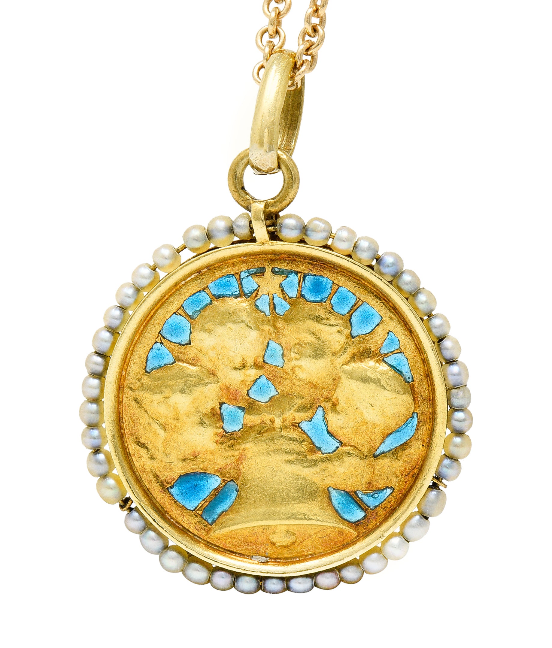 Cartier French Victorian Seed Pearl Plique-A-Jour Enamel 18 Karat Yellow Gold Christening Medallion Antique Pendant Necklace Wilson's Estate Jewelry