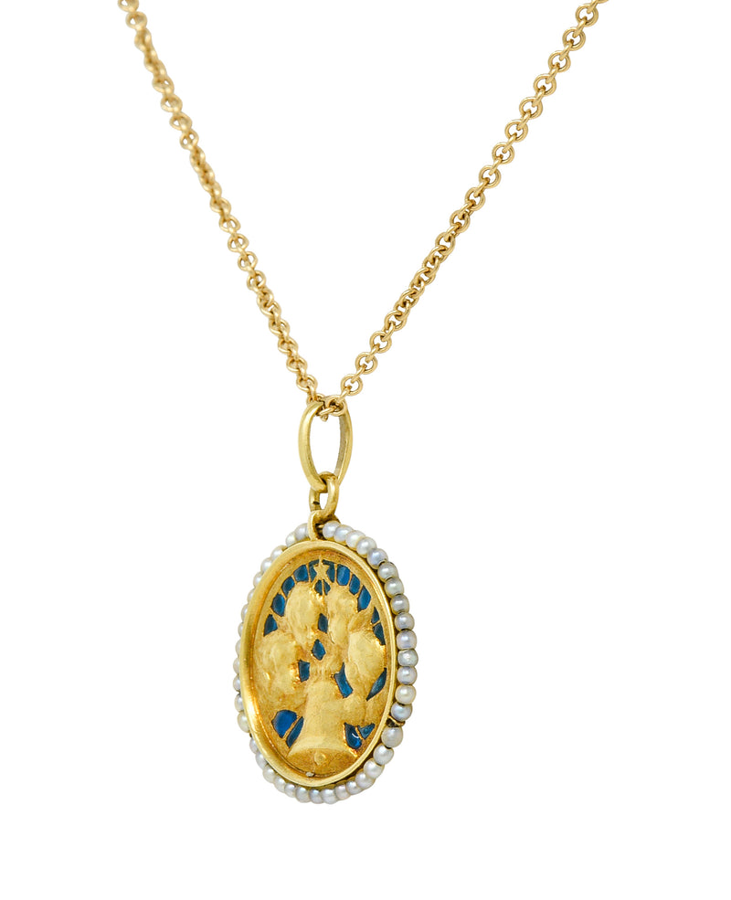 Cartier French Victorian Seed Pearl Plique-A-Jour Enamel 18 Karat Yellow Gold Christening Medallion Antique Pendant Necklace Wilson's Estate Jewelry