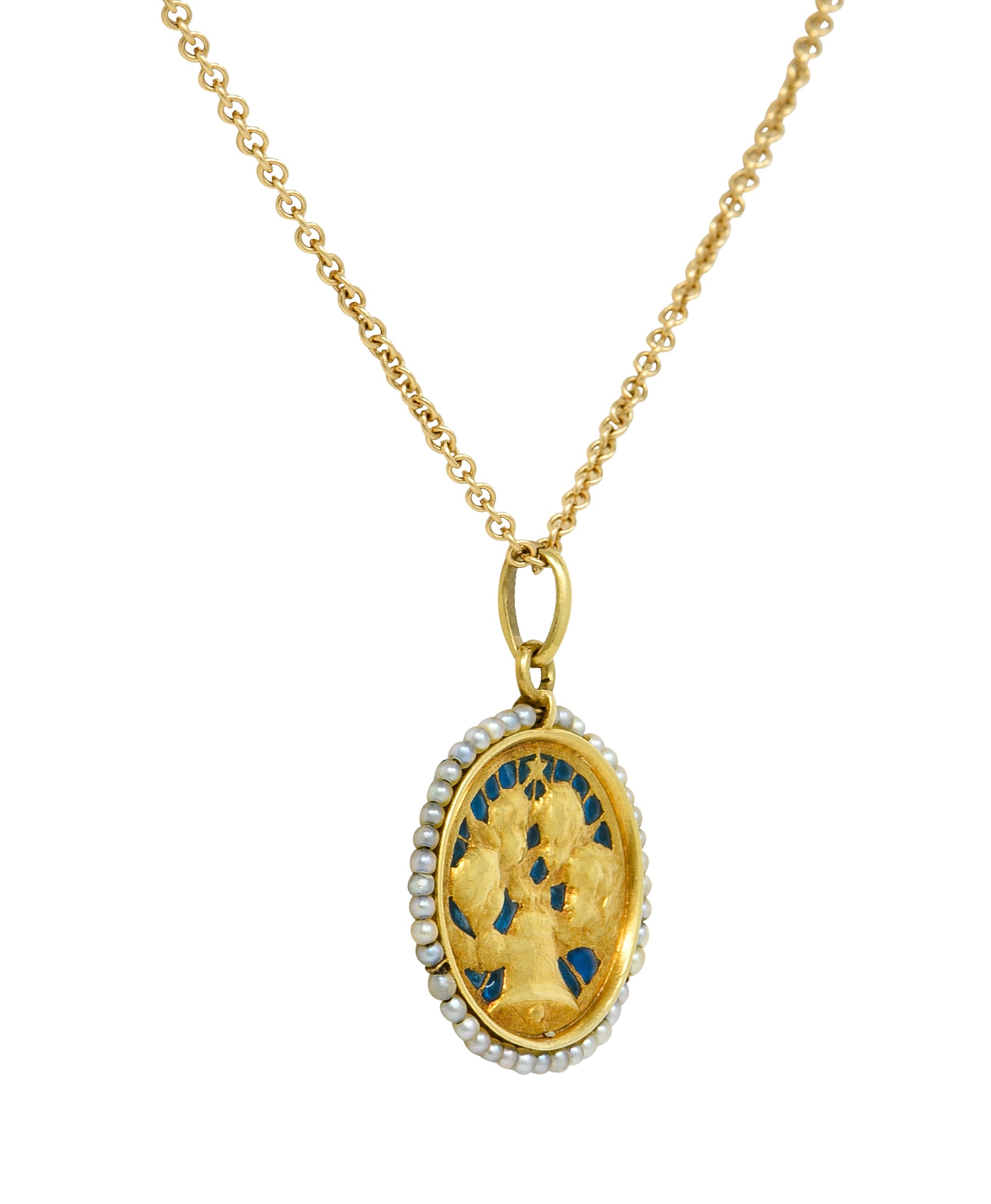 Cartier French Victorian Seed Pearl Plique-A-Jour Enamel 18 Karat Yellow Gold Christening Medallion Antique Pendant Necklace Wilson's Estate Jewelry