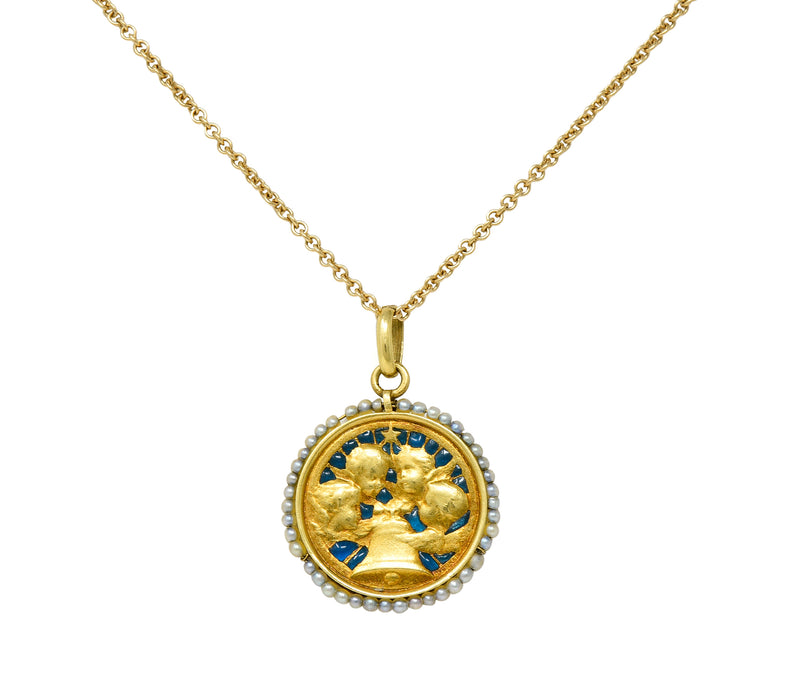 Cartier French Victorian Seed Pearl Plique-A-Jour Enamel 18 Karat Yellow Gold Christening Medallion Antique Pendant Necklace Wilson's Estate Jewelry