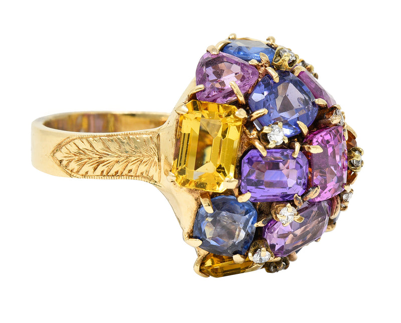 1960s 30.86 CTW Sapphire Heliodor Diamond 14 Karat Yellow Gold Dome Cluster Vintage Ring Wilson's Estate Jewelry