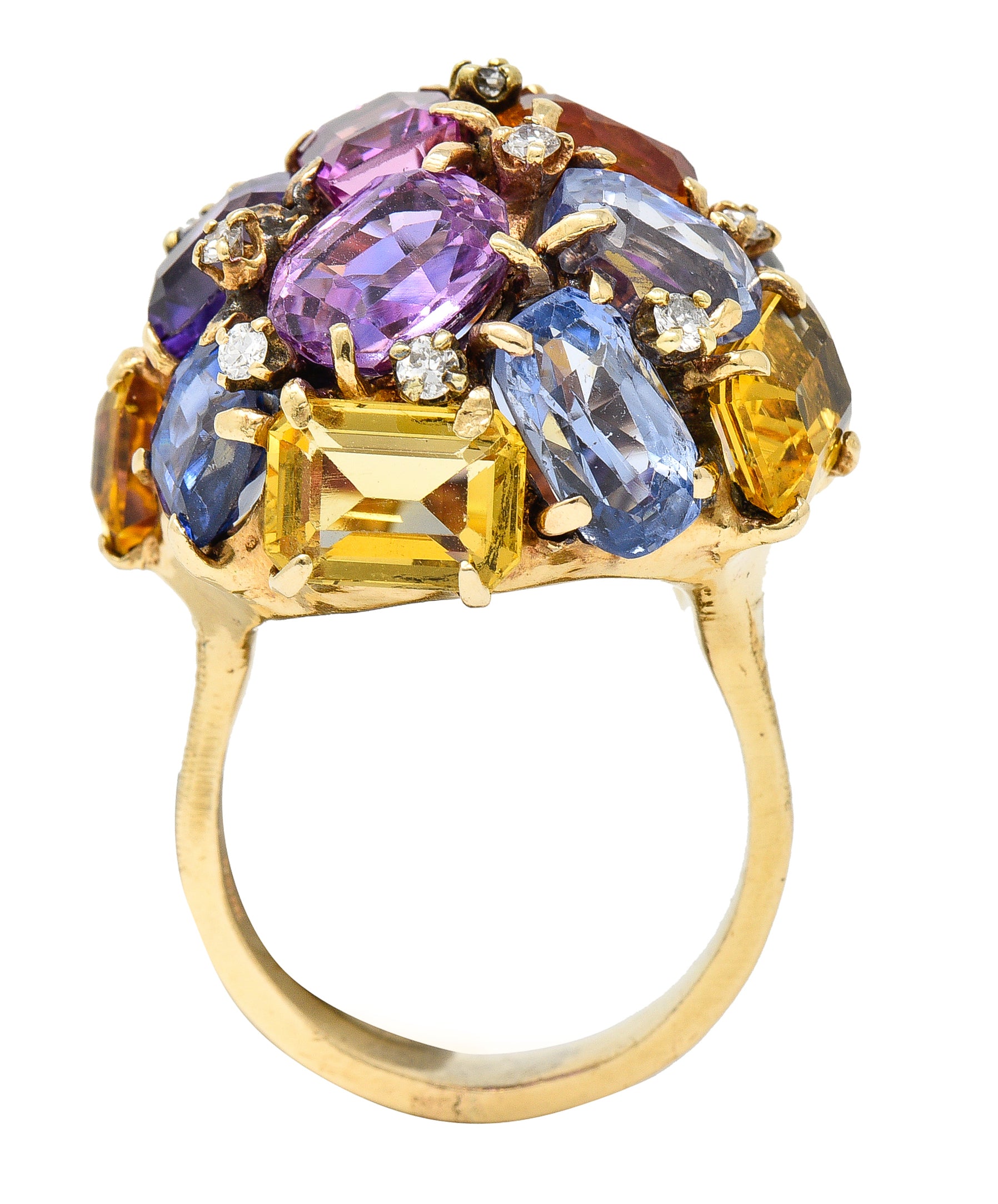 1960s 30.86 CTW Sapphire Heliodor Diamond 14 Karat Yellow Gold Dome Cluster Vintage Ring Wilson's Estate Jewelry