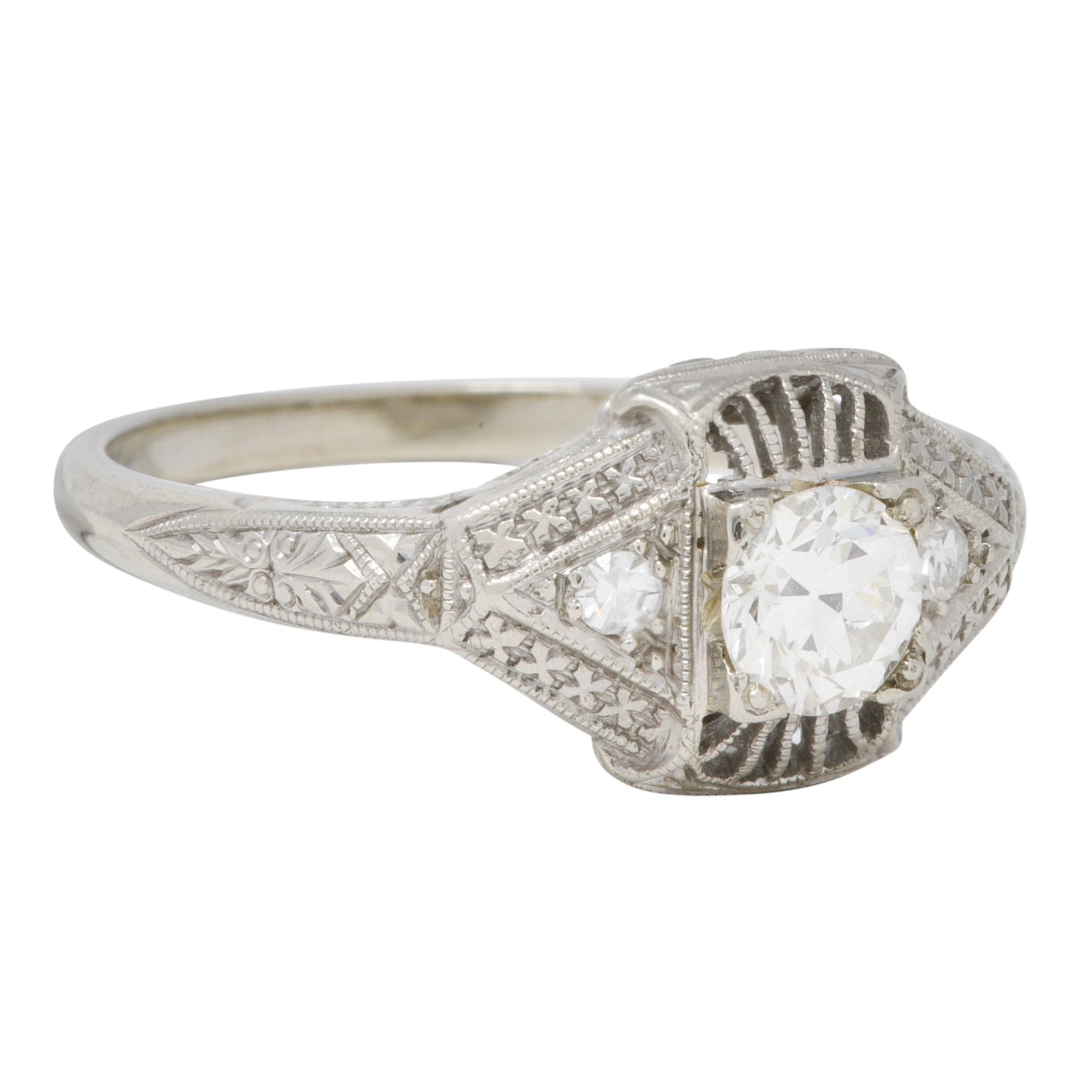 Art Deco Diamond 19 Karat White Gold Orange Blossom Vintage Engagement Ring Wilson's Estate Jewelry