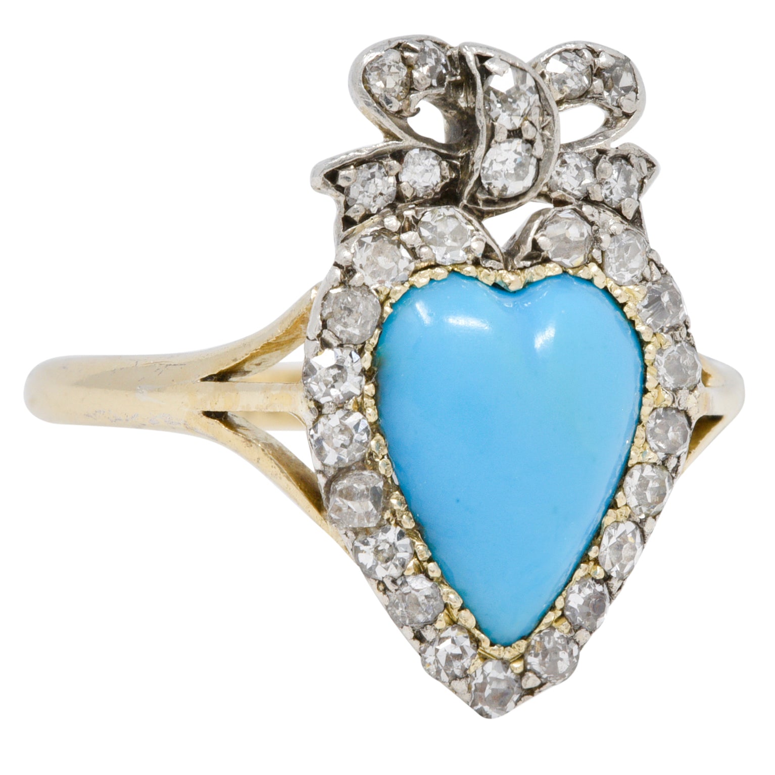 We-11374 Victorian Turquoise Cabochon Diamond 18 Karat Yellow Gold Antique Heart Ring Wilson's Estate Jewelry