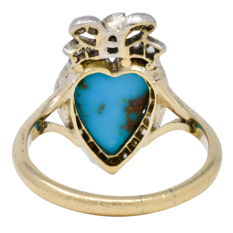 We-11374 Victorian Turquoise Cabochon Diamond 18 Karat Yellow Gold Antique Heart Ring Wilson's Estate Jewelry