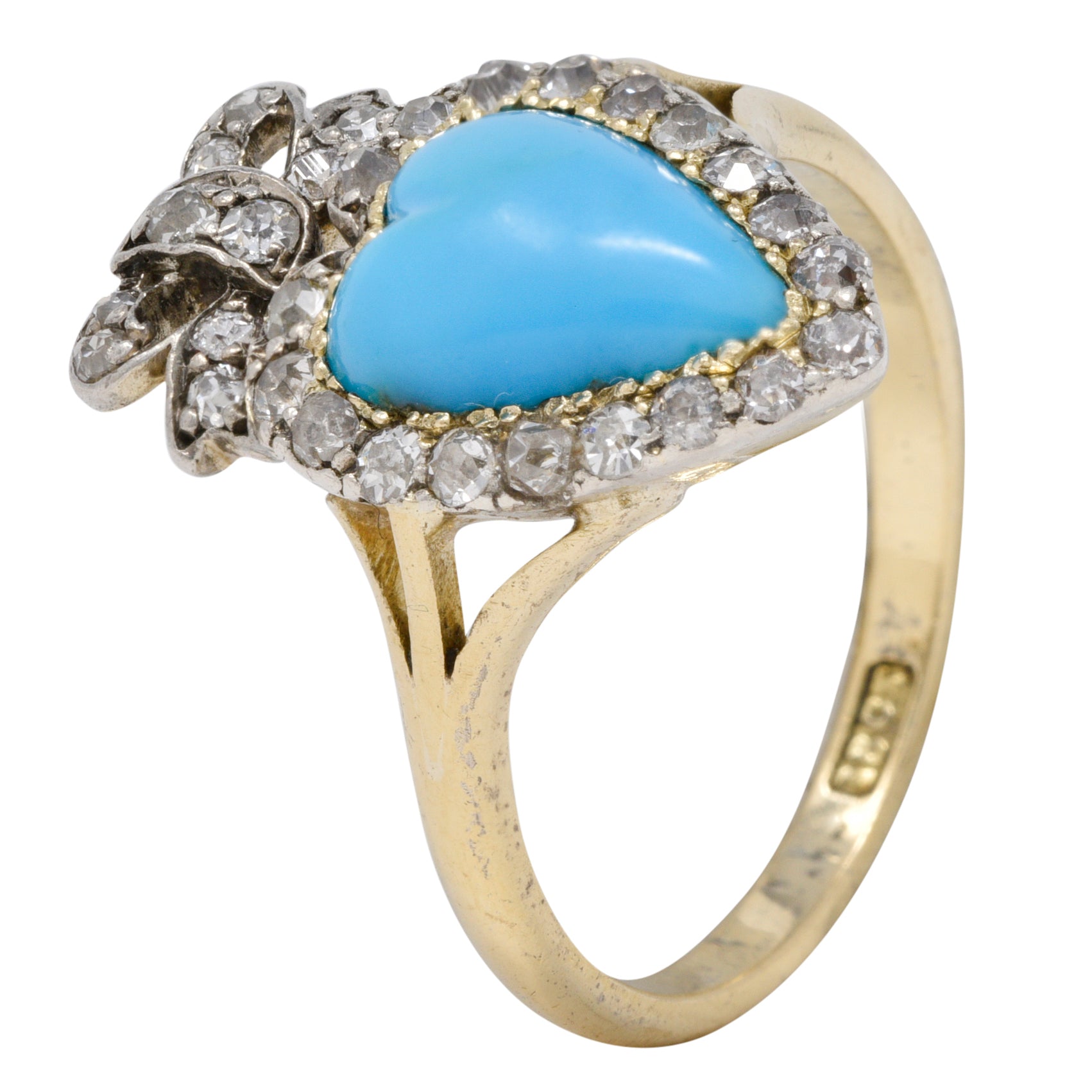 We-11374 Victorian Turquoise Cabochon Diamond 18 Karat Yellow Gold Antique Heart Ring Wilson's Estate Jewelry